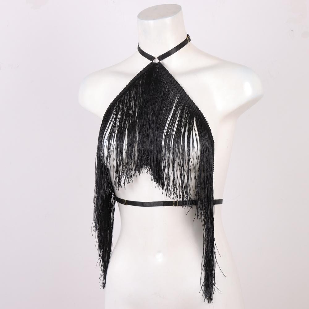 Womens Black Tassel Halter Top Adjustable Elastic Harness Casual All Season Wear