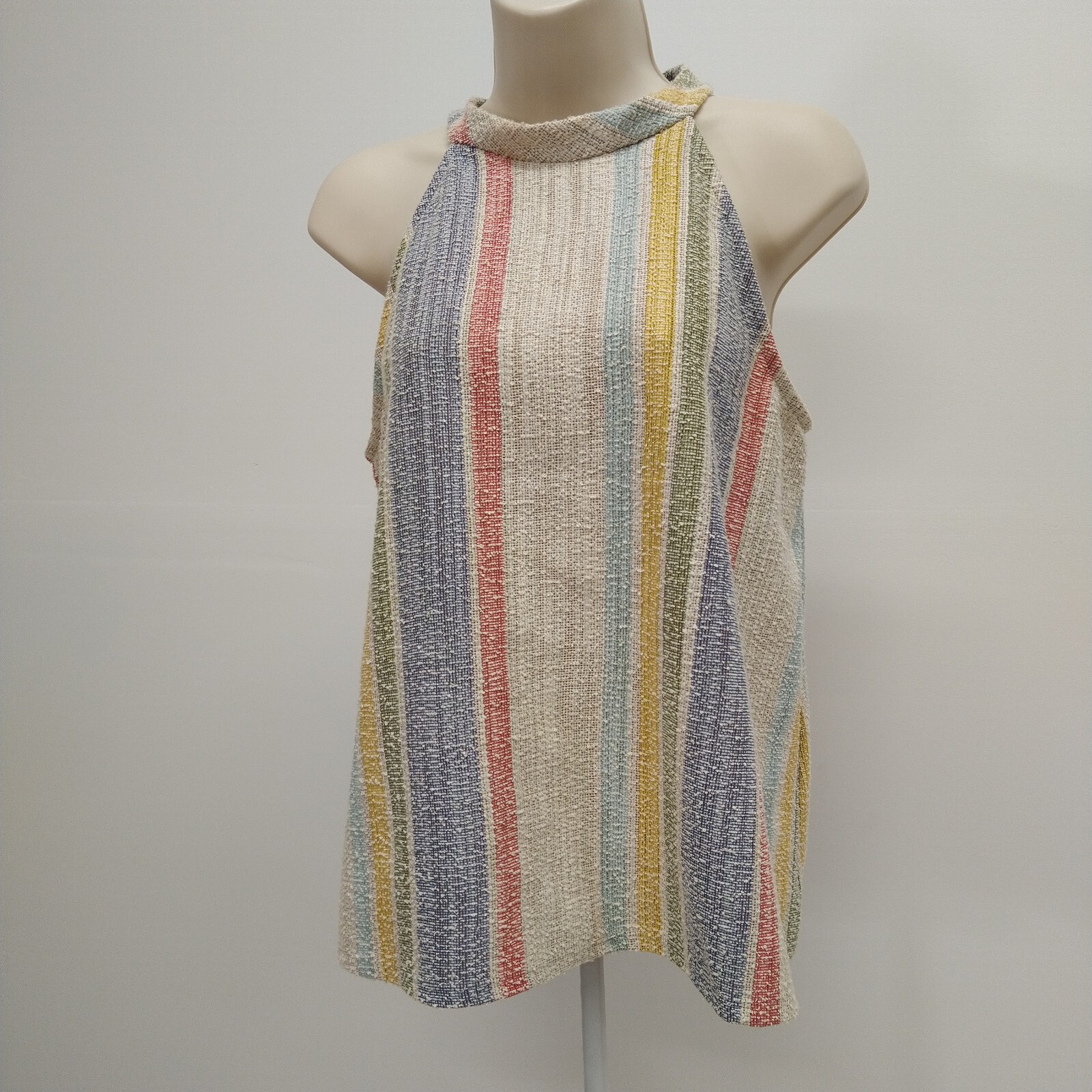 W5 Women’s TankTop White Blue Green Yellow Stripe Sleeveless Shirt Blouse Size M