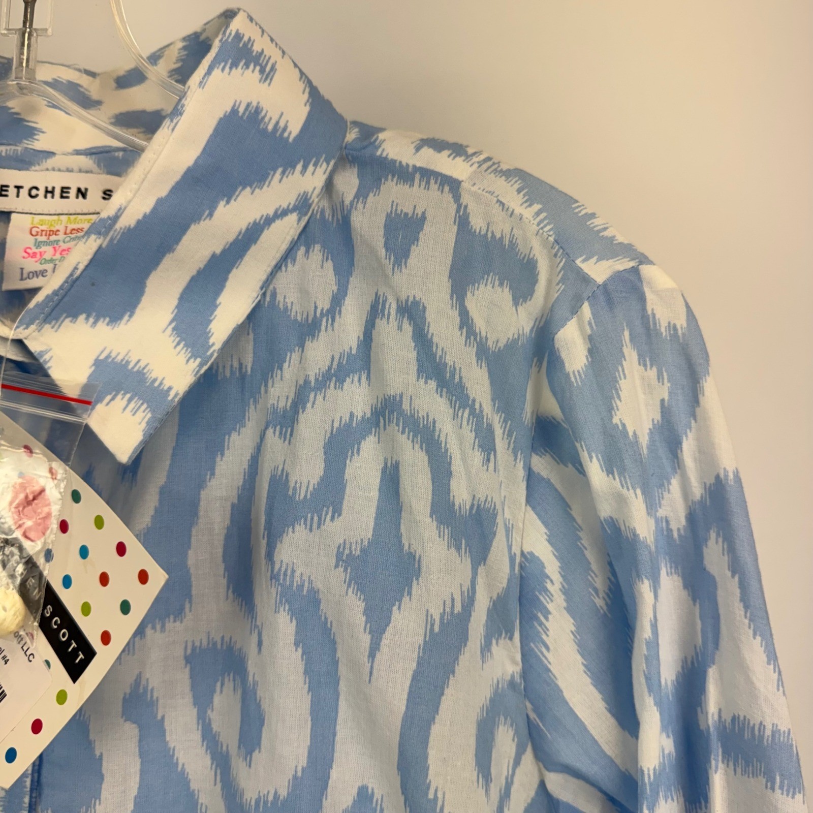 Gretchen Scott Periwinkle Blue Ikat Button Down Shirt Top Womens Large NWT