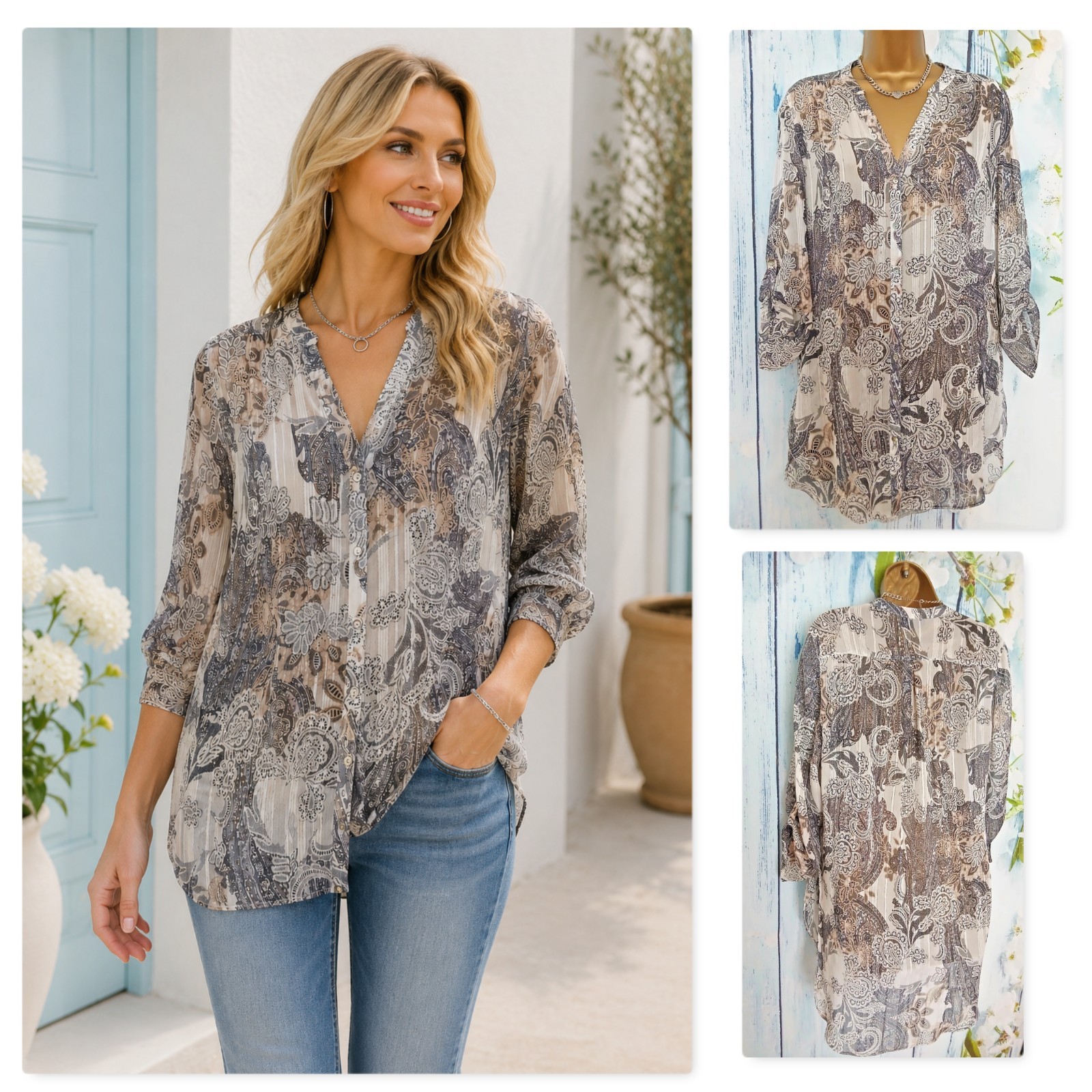 Wallis Semi Sheer Roll Tab Tunic Blouse Size M 12/14 Paisley With sparkle Thread