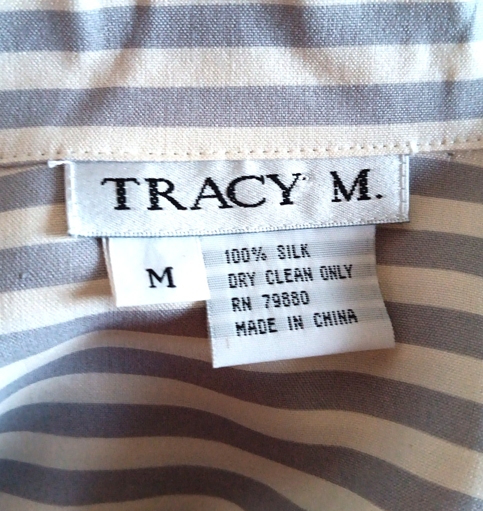 Vintage Tracy M NWT 100% Silk Blouse Shirt Grey & White Striped Button Up Size M