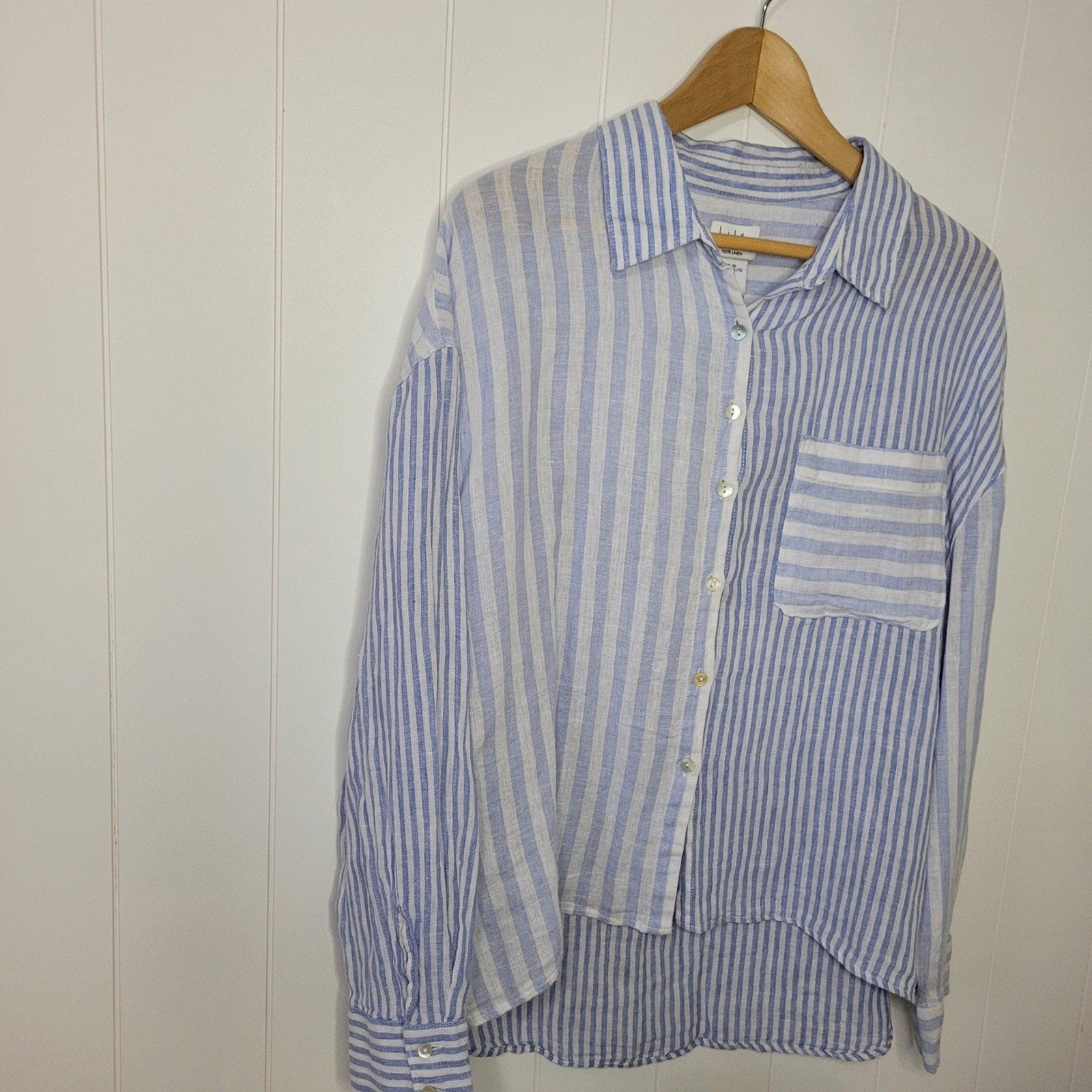 Nicole Miller Linen Top Womens Sz XL Blue White Striped Long Sleeve Coastal New