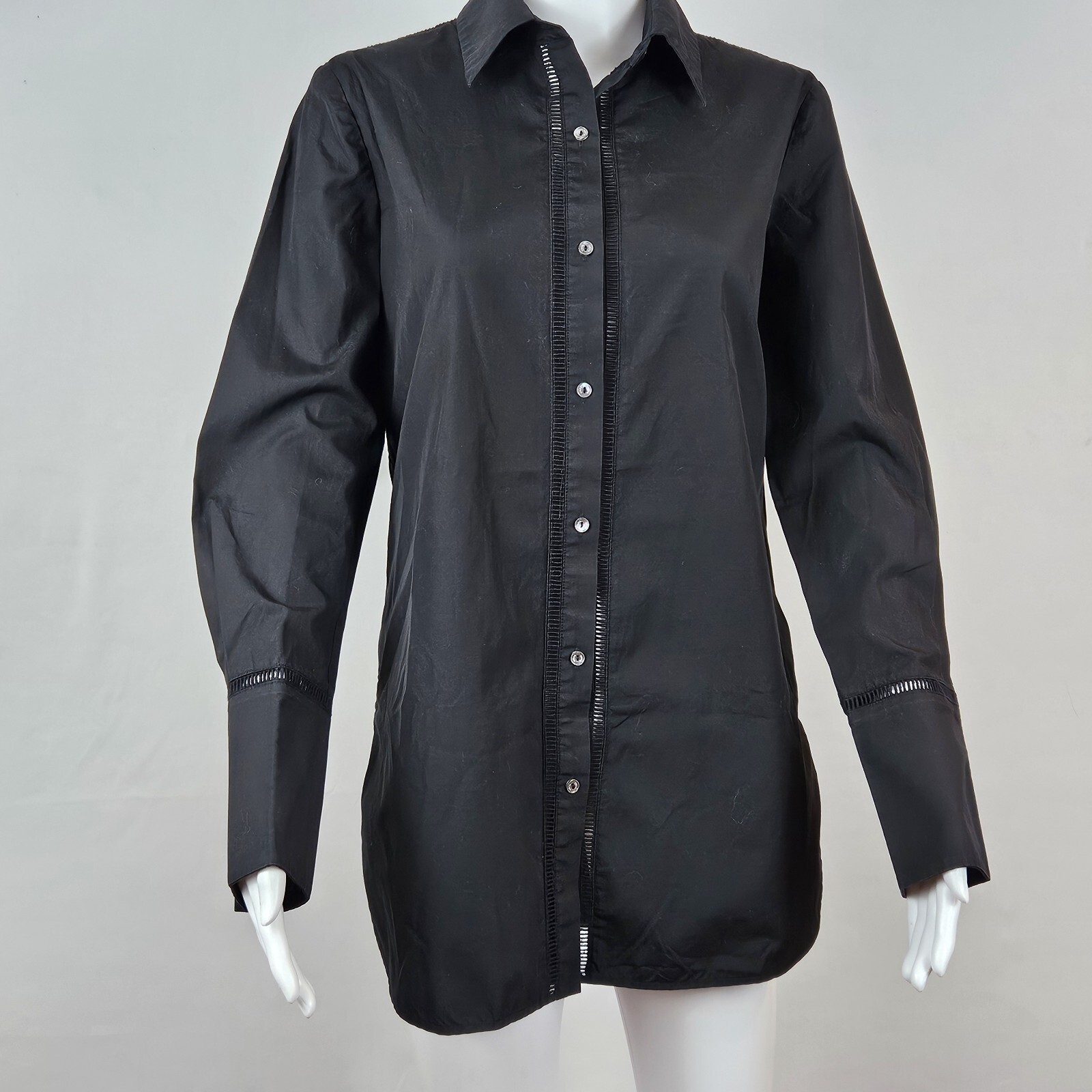 Vince Barrel Cuff Long Sleeve Eyelet Shirt Women’s Size S Black Button Cotton