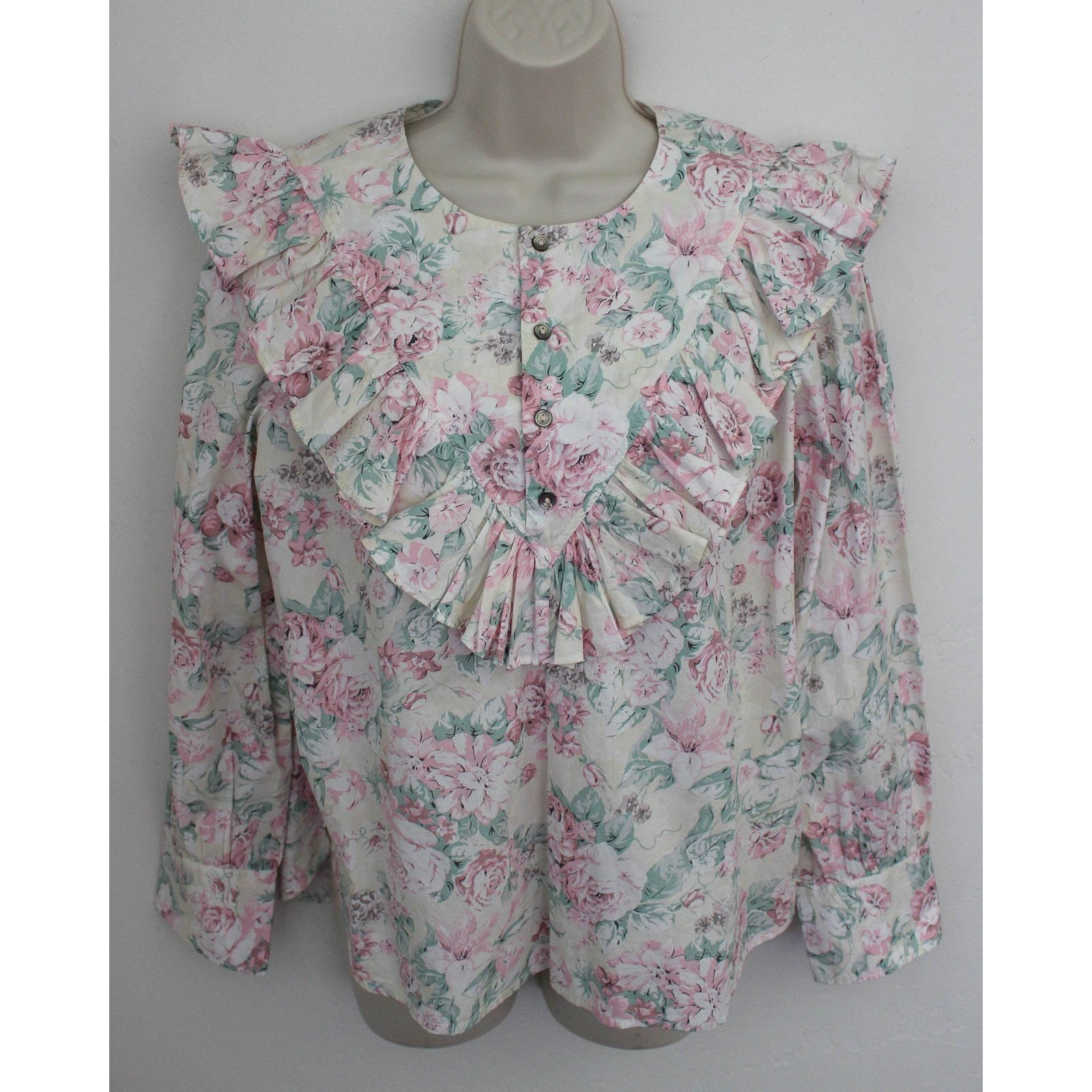 La Vie Rebecca Taylor Top Large Pink Floral Ruffle Pullover Long Sleeve Prairie