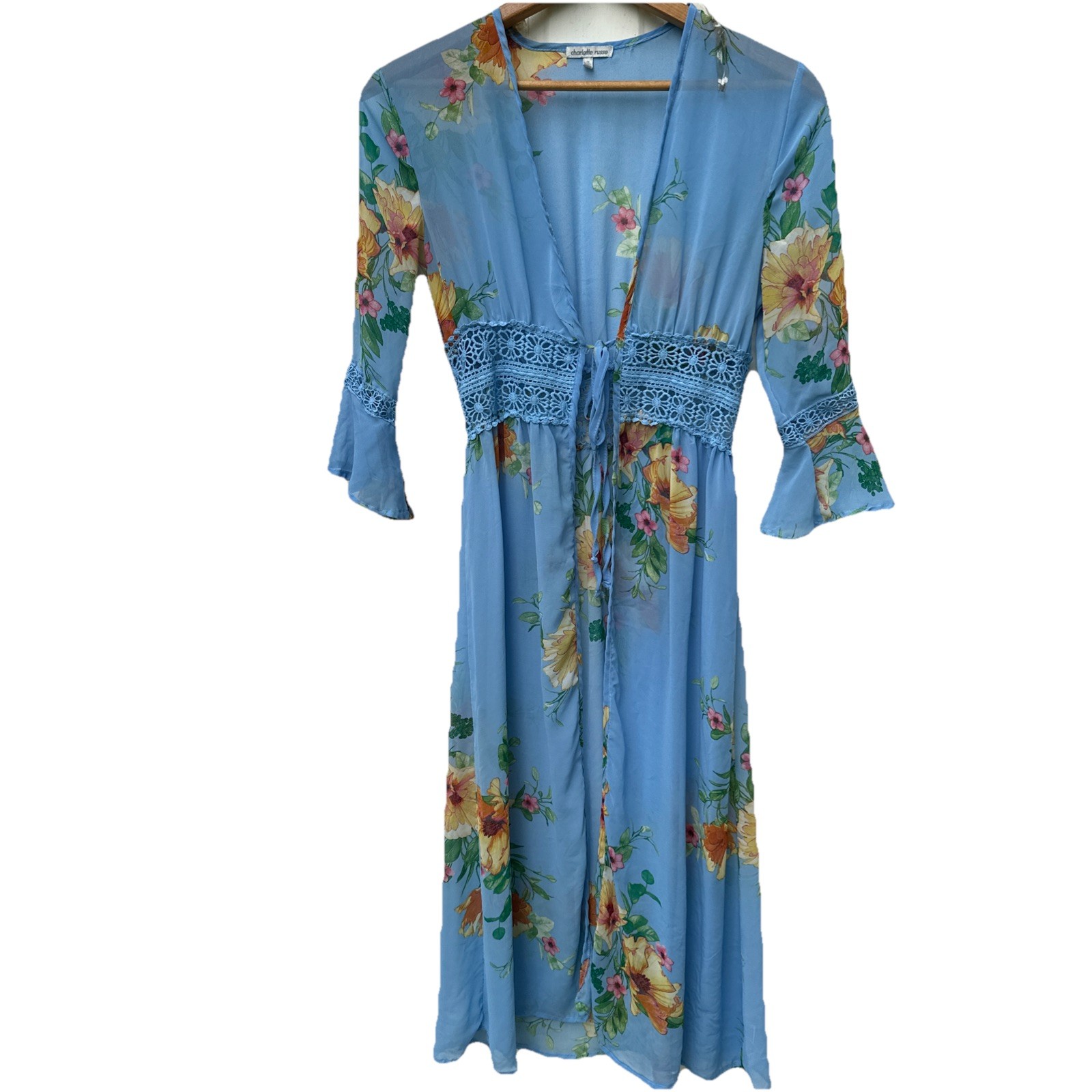 Charlotte Russe women’s size small floral empire waste blue kimono Coverup Sheer