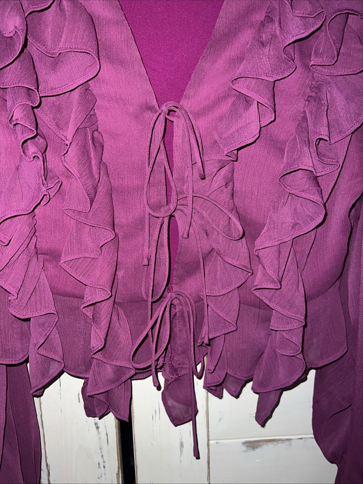 Endless Rose Shirt Fuschia Pink Tie Front V Neck Ruffle Bell Slv Sheer Sz L NWOT