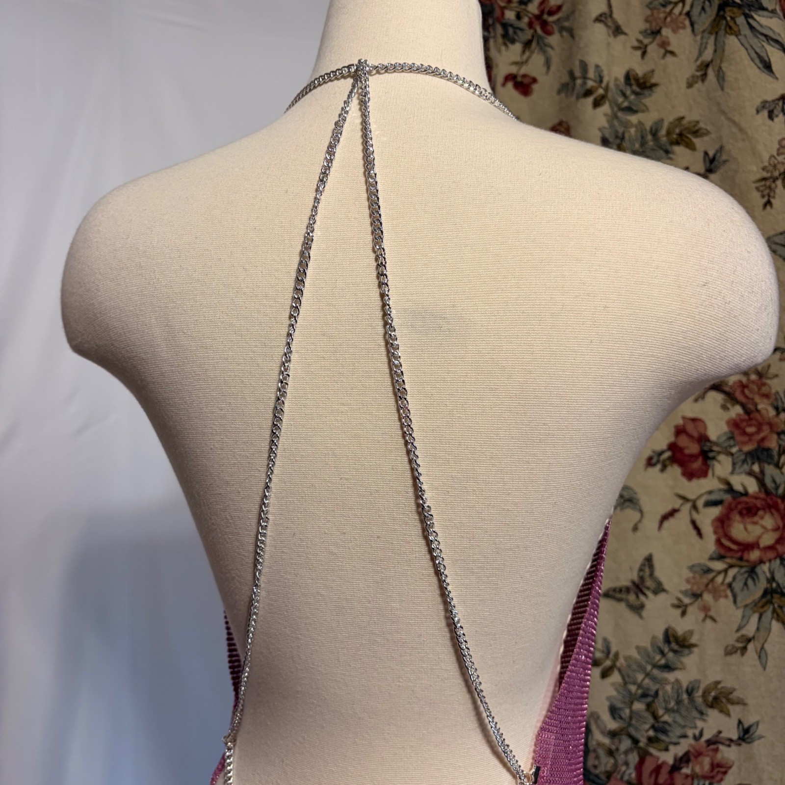 Gorgeous backless Y2k Pink and silver Metal Chainmail Halter Top with cowl neck
