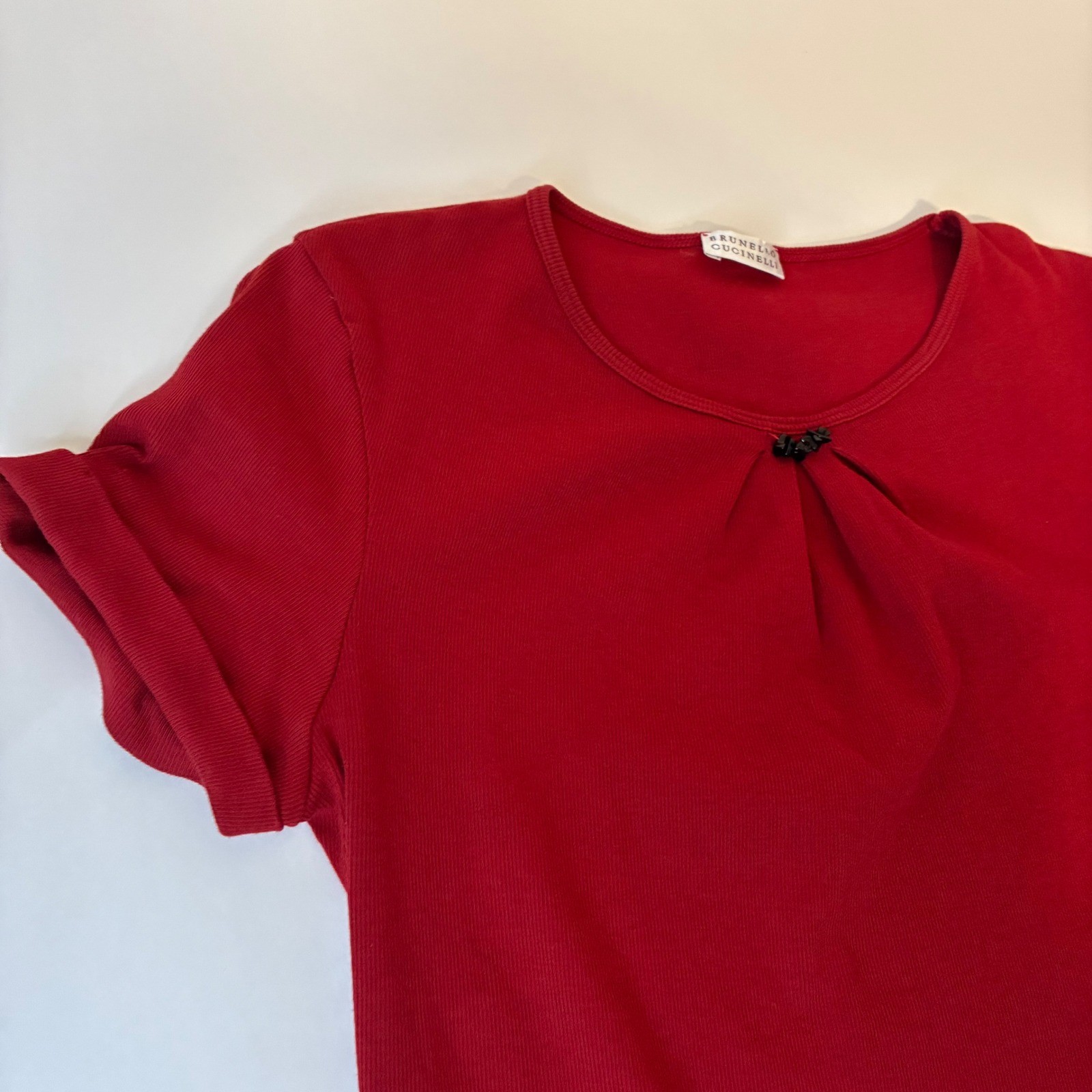 Brunello Cucinelli Top Red Ribbed Knit Pleated Bead Detail Womens Small XL Italy