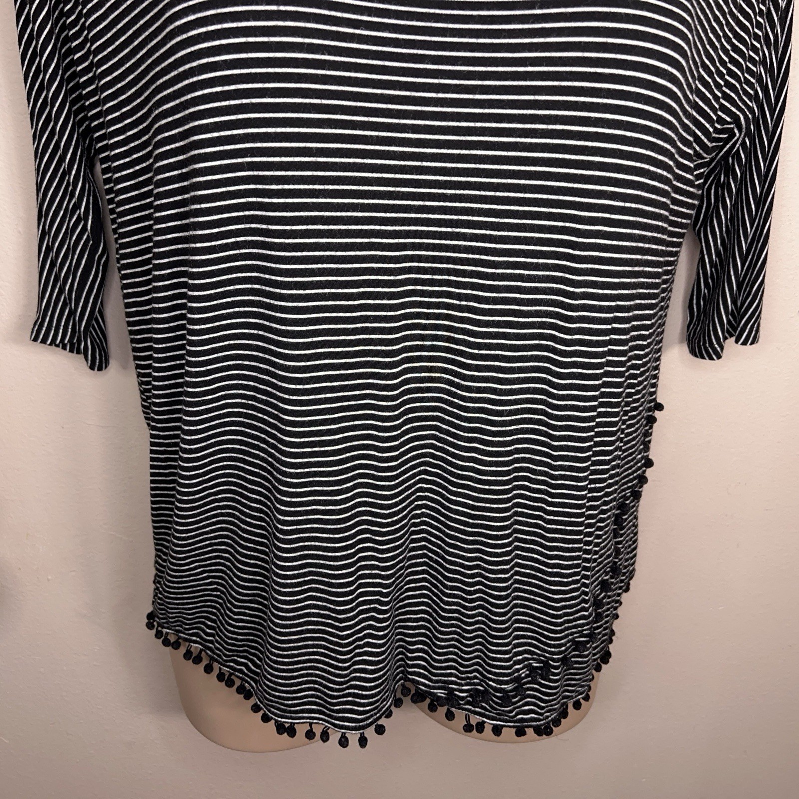 1x Isela Black White Striped Top Pom Pom Accent Goth Preppy Stretch Casual