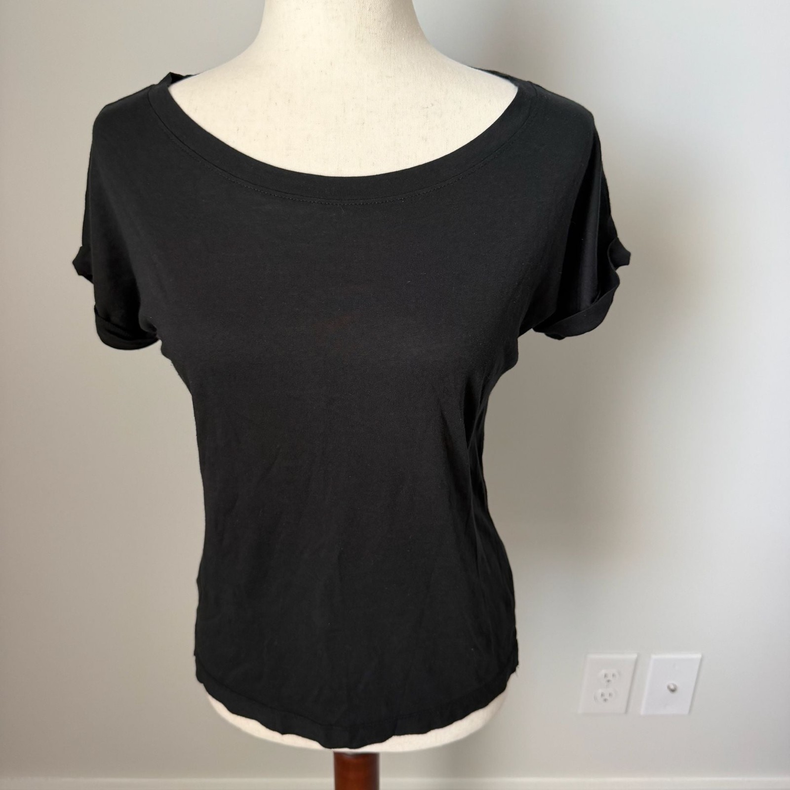 Joan Vass Black Pima Cotton Modal Blend Scoop Neck Short Sleeve Tee