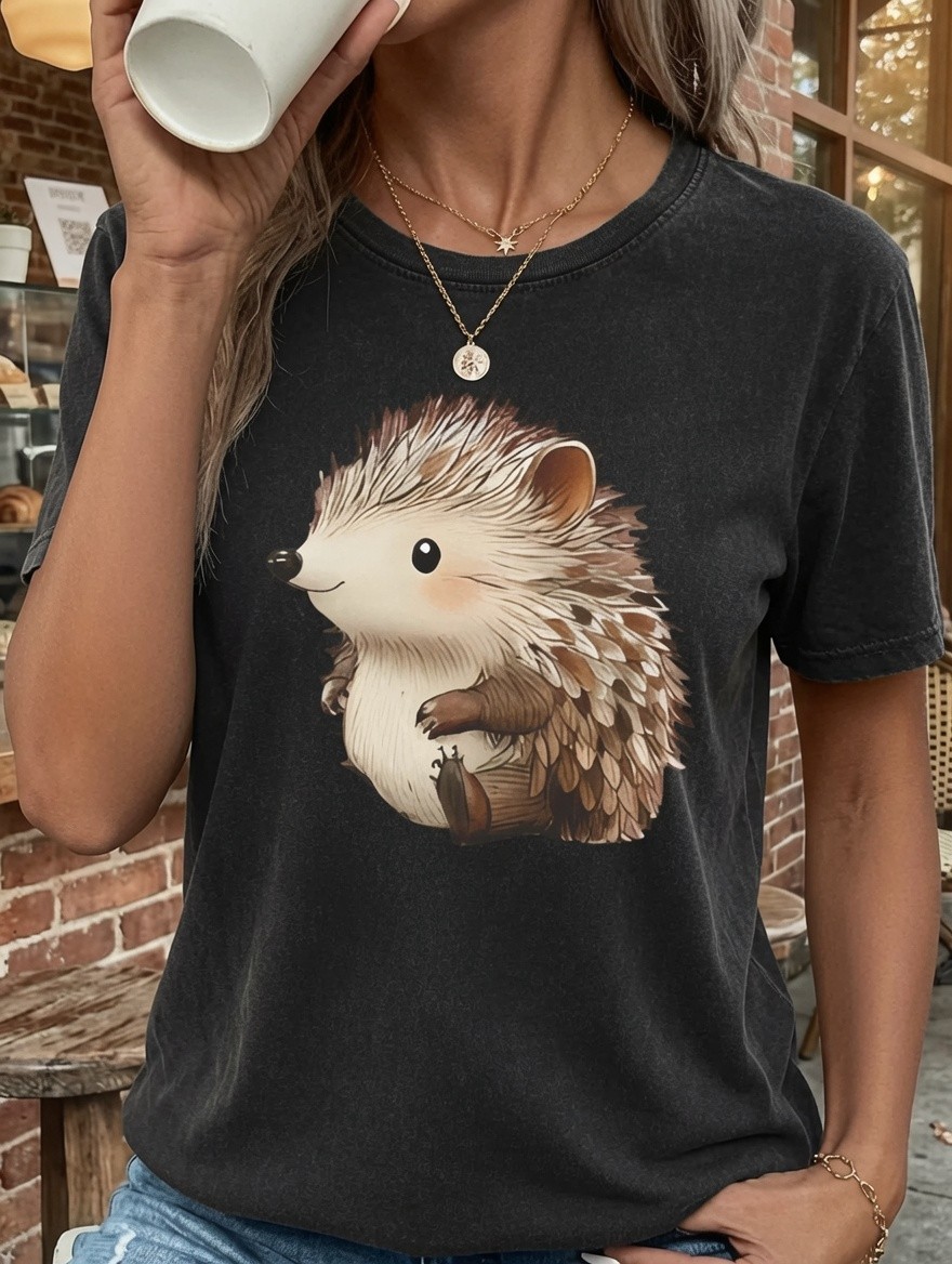 Cute Hedgehog Graphic Black Washed T-Shirt – Adorable Animal Design