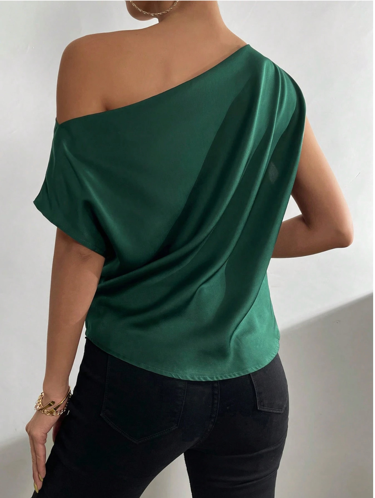 Green Raffinéa Solid Asymmetrical Neck Ruched Satin Blouse One Shoulder Top