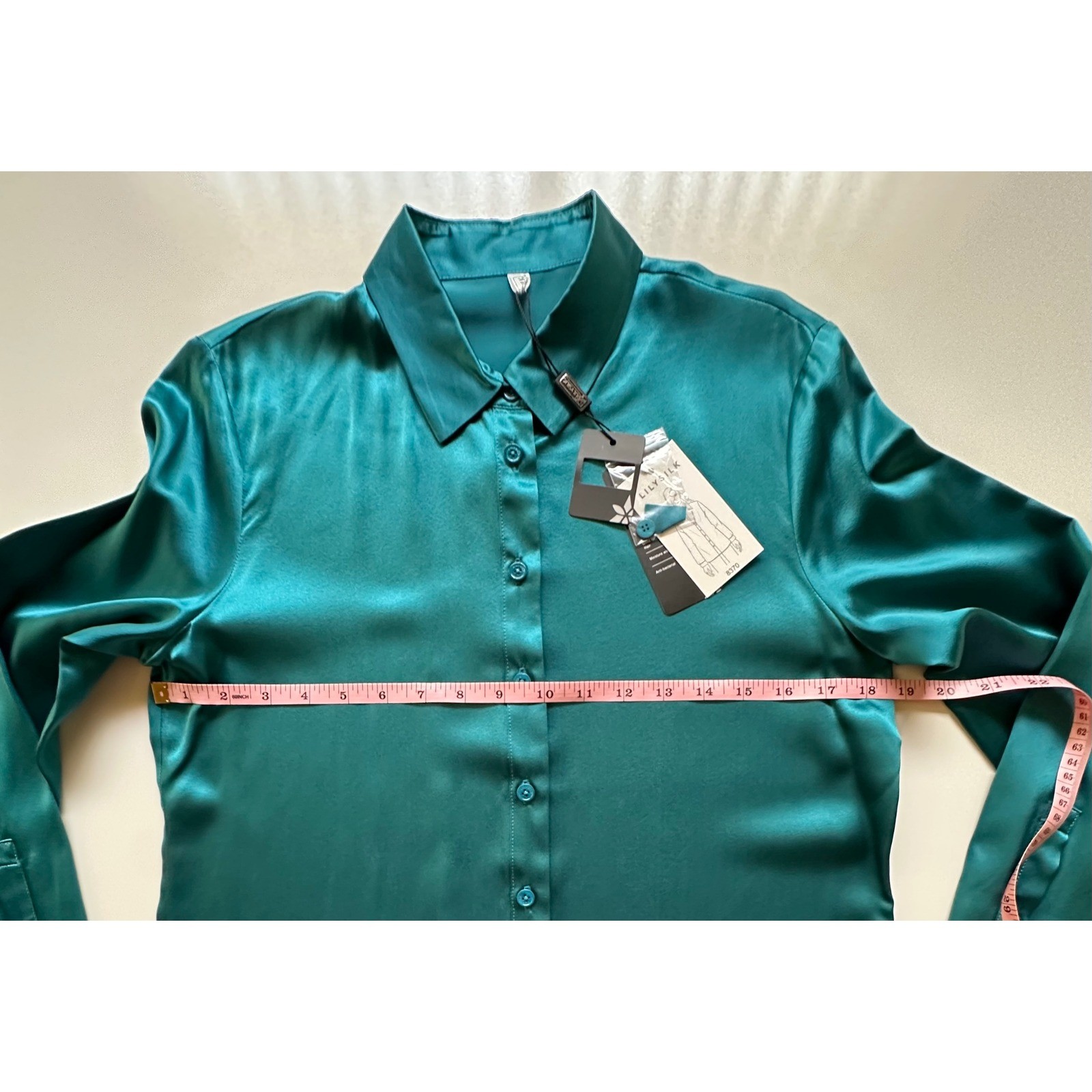 LilySilk Women 22 Momme Mulberry Silk Shirt Teal Green Button Up Blouse Size S