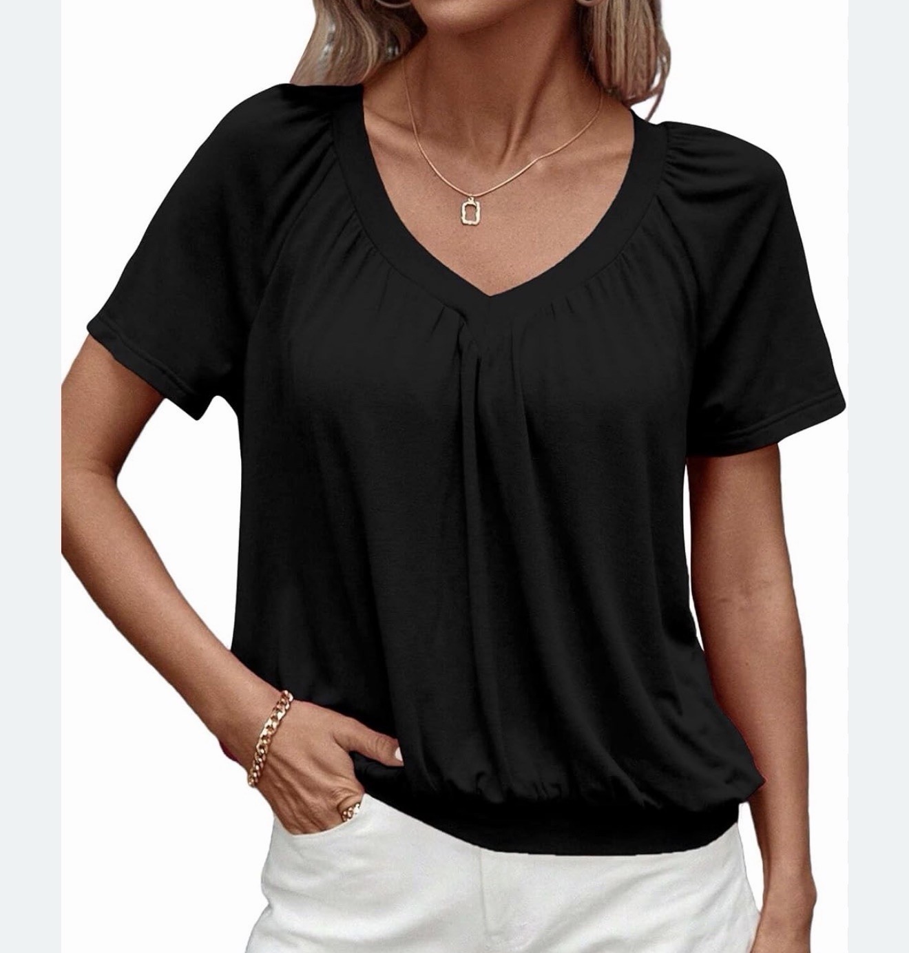 New Women’s Tops Short Sleeve V Neck Gathered Bust Blouses Casual Black L