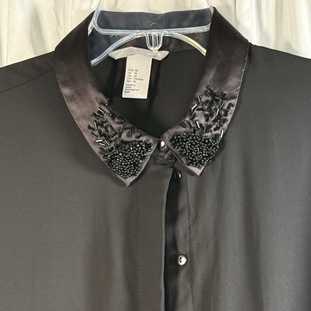 H&M Black Beaded Embellished Collar Button Down Blouse Long Sleeve 10 Chic 84-25