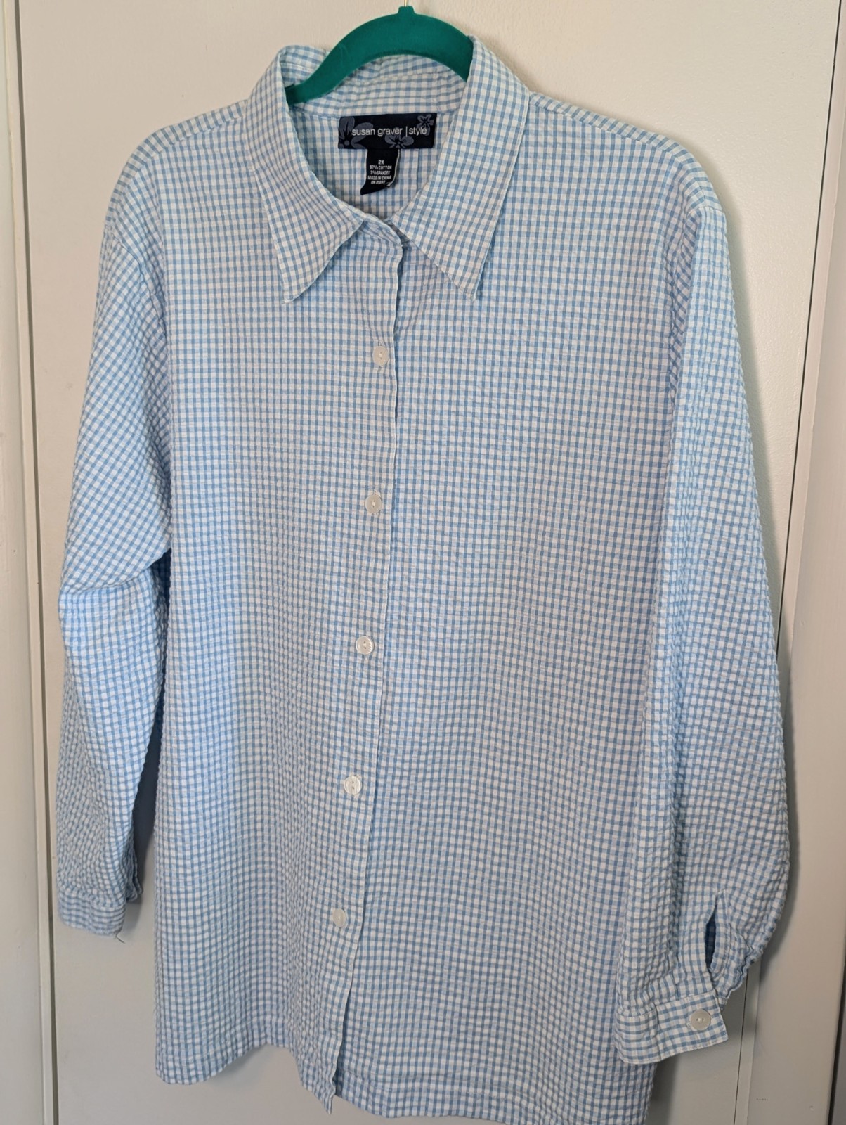 Susan Graver W 2X Blue White Gingham Seersucker Cotton Blend Long Sleeve Blouse