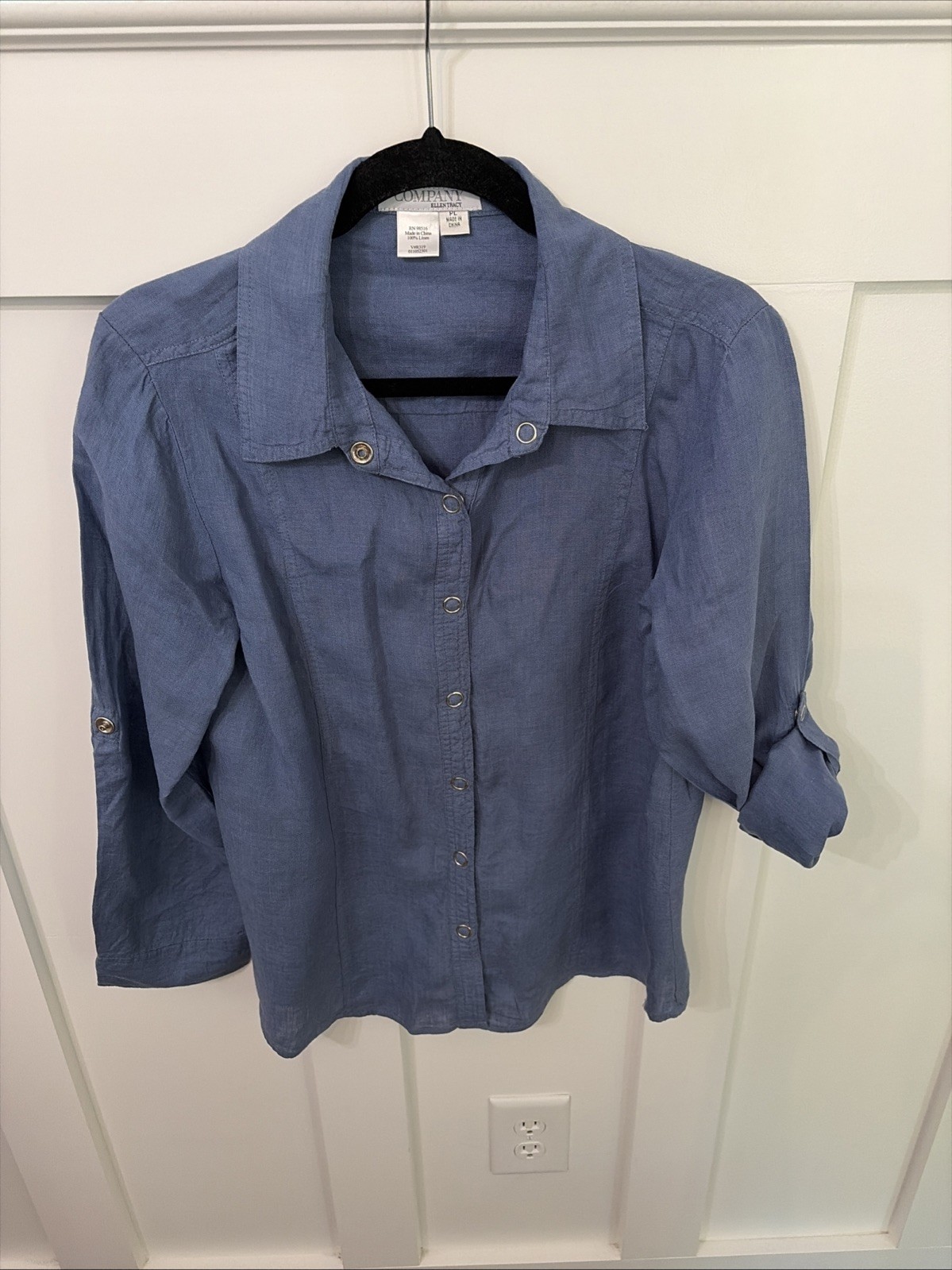 Company Ellen Tracy Snap Front 100% Linen Blouse-Blue-Roll Tab Sleeves-PL