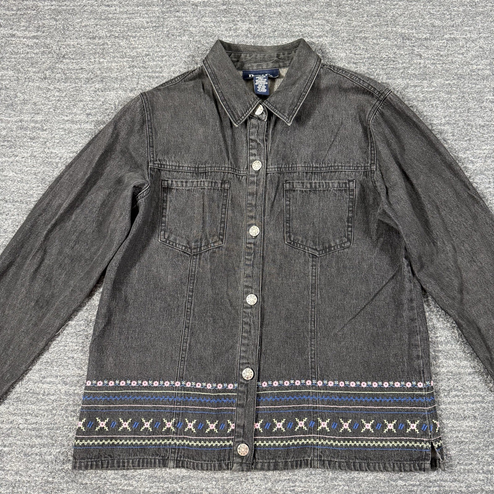 Vintage Denim Co Shirt Women Medium Black Embroidered Floral 90s Workwear Hippie