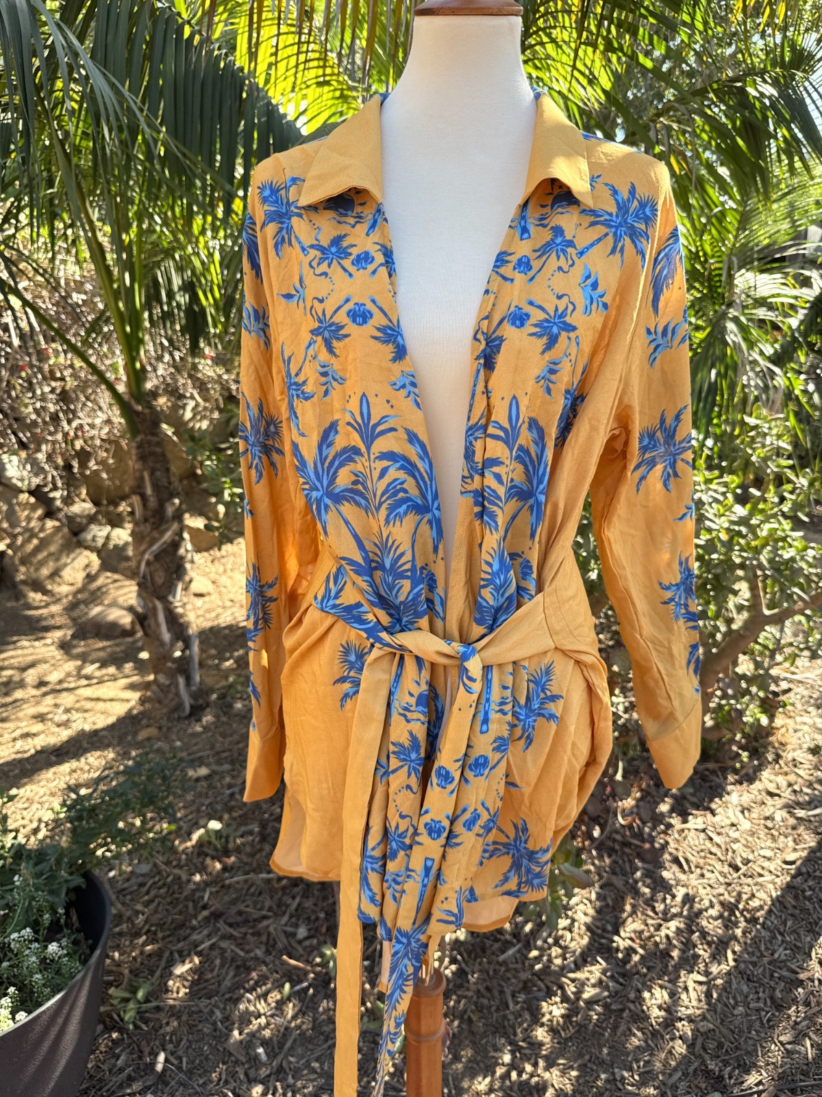 $198 NWT Aquari Yellow Blue Palm Tree Robe Wrap Dress Size S Boho Resort Wear
