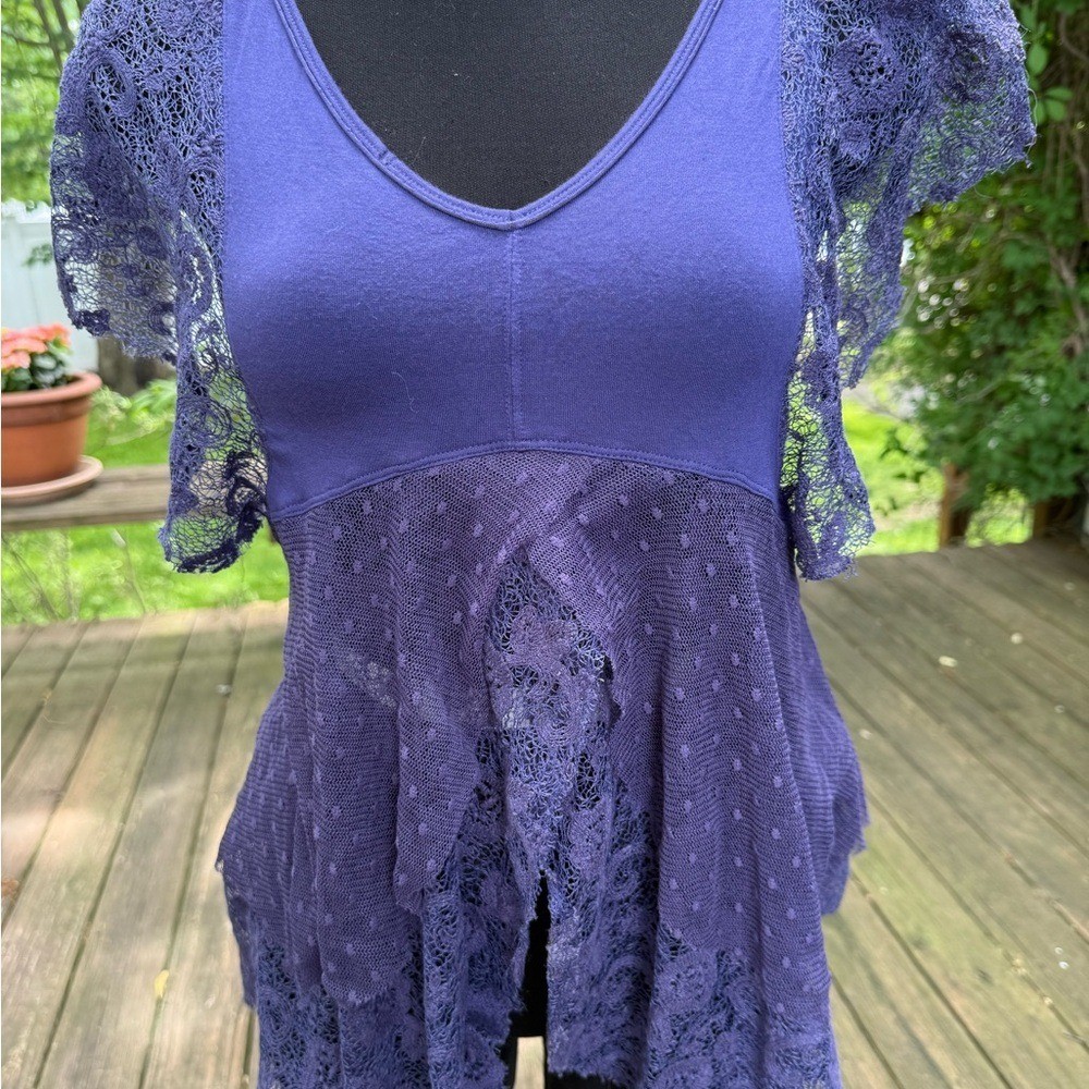 Free People Purple Lace Point Desprit Mixed Media Boho Flutter Sleeve Top XS