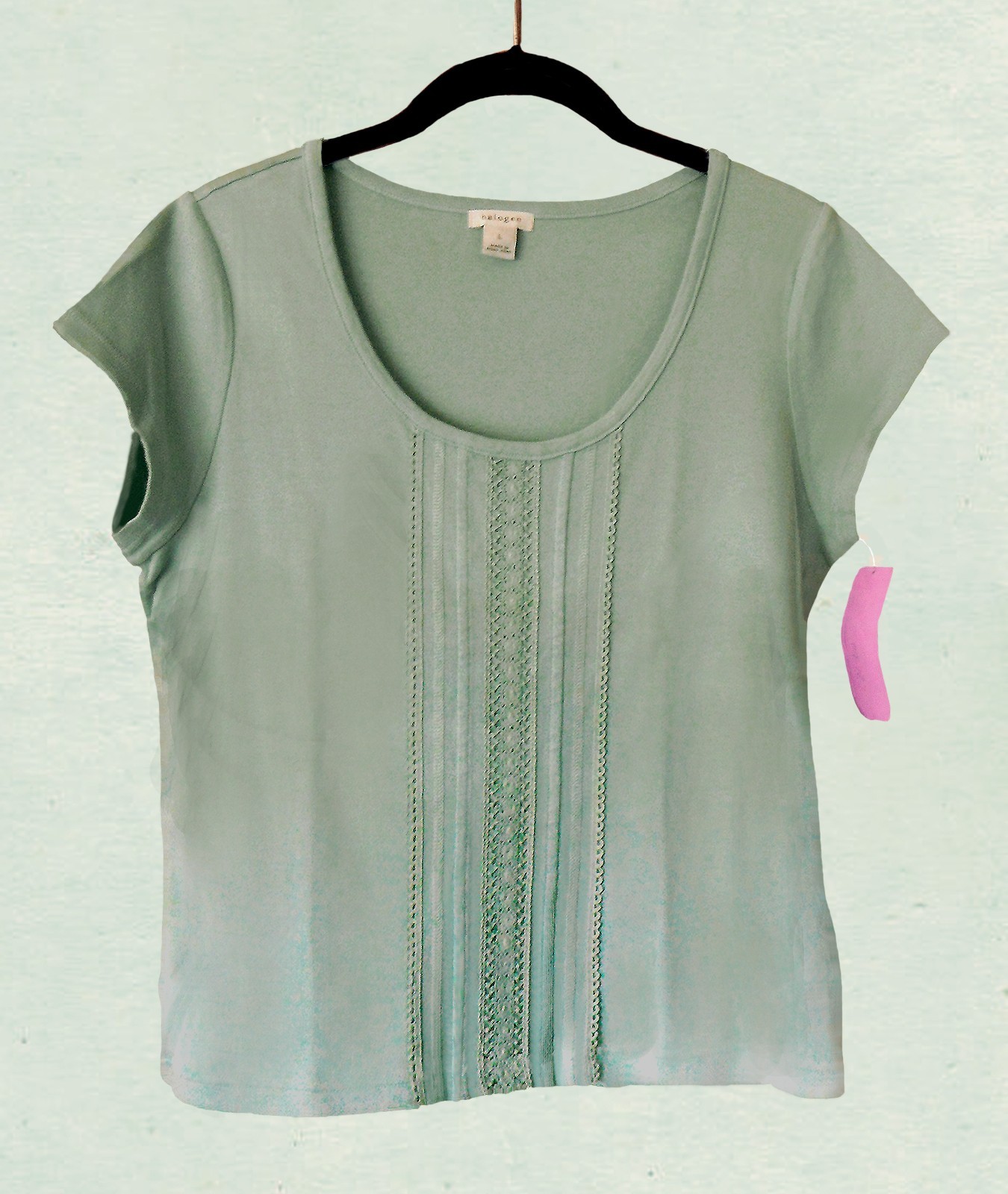 HALOGEN LIGHT BLUE/GREEN 100% COTTON TOP, NWT, BUST ABOUT 37″, SZ L (SEE MSRMTS)