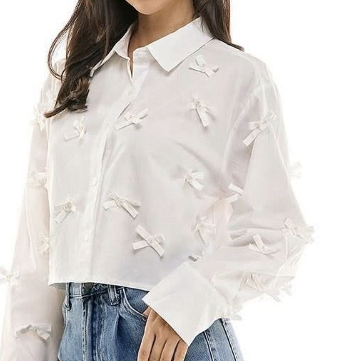CeCe White Bow Applique Button Up Shirt Women’s M Cotton Blend Coquette Preppy
