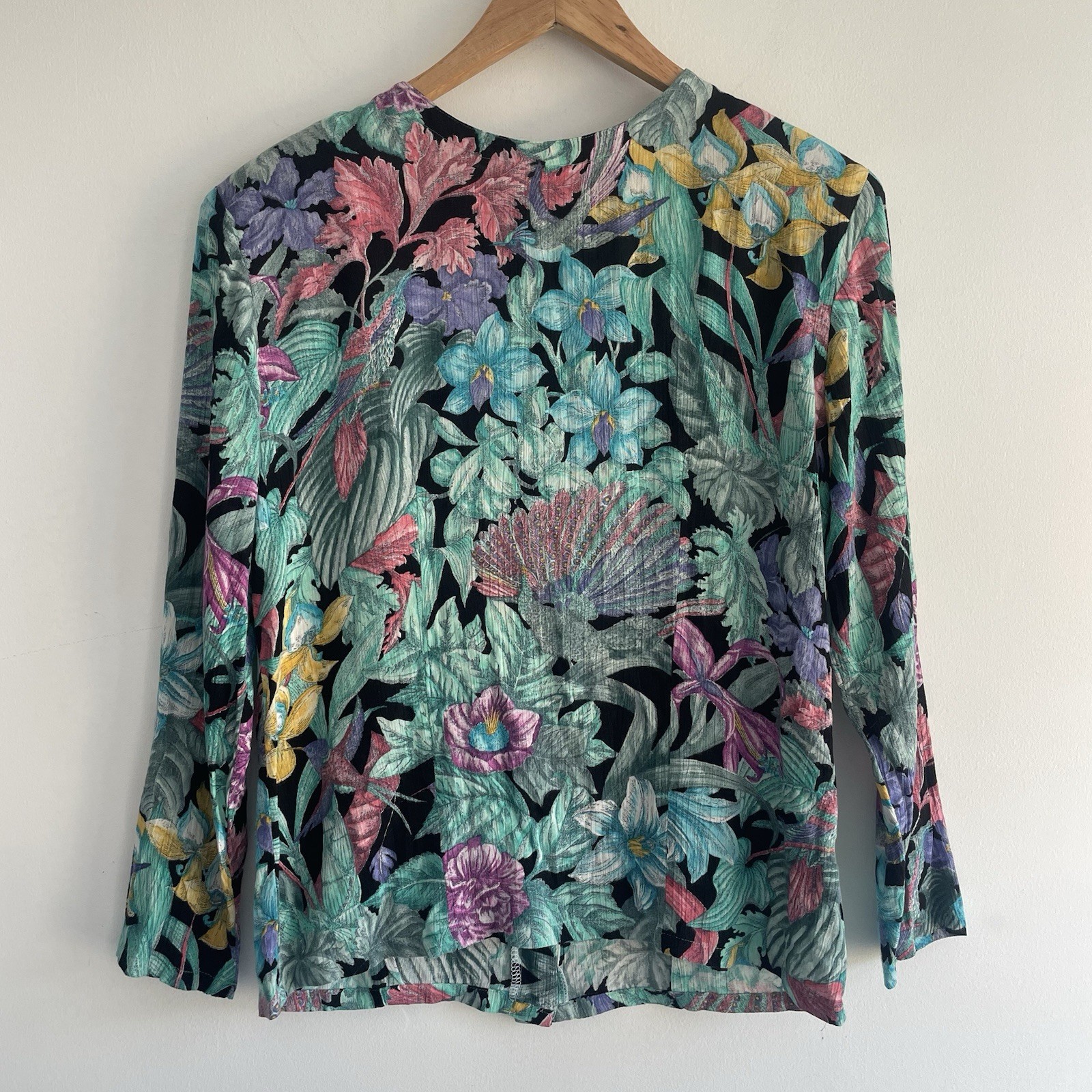 Vintage Condor Blouse Shirt Sz S Blue Floral Long Sleeve Padded 80s Cruise Retro
