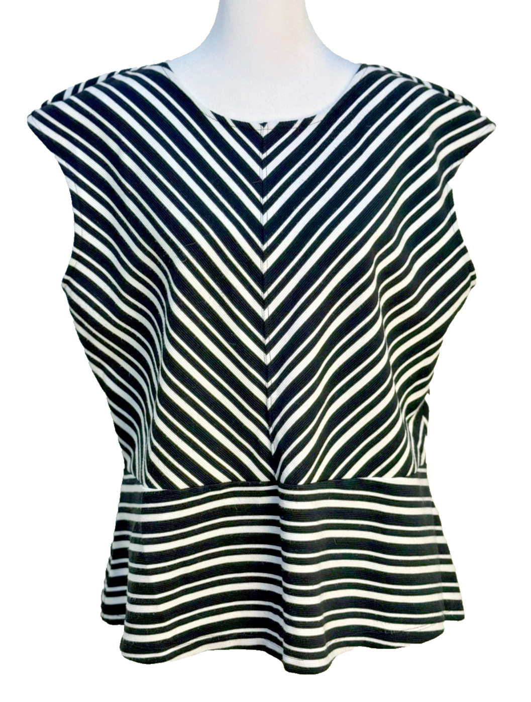 Liz Claiborne Top XL Black White Stripe Cap Sleeve Drop Waist Flare Hem