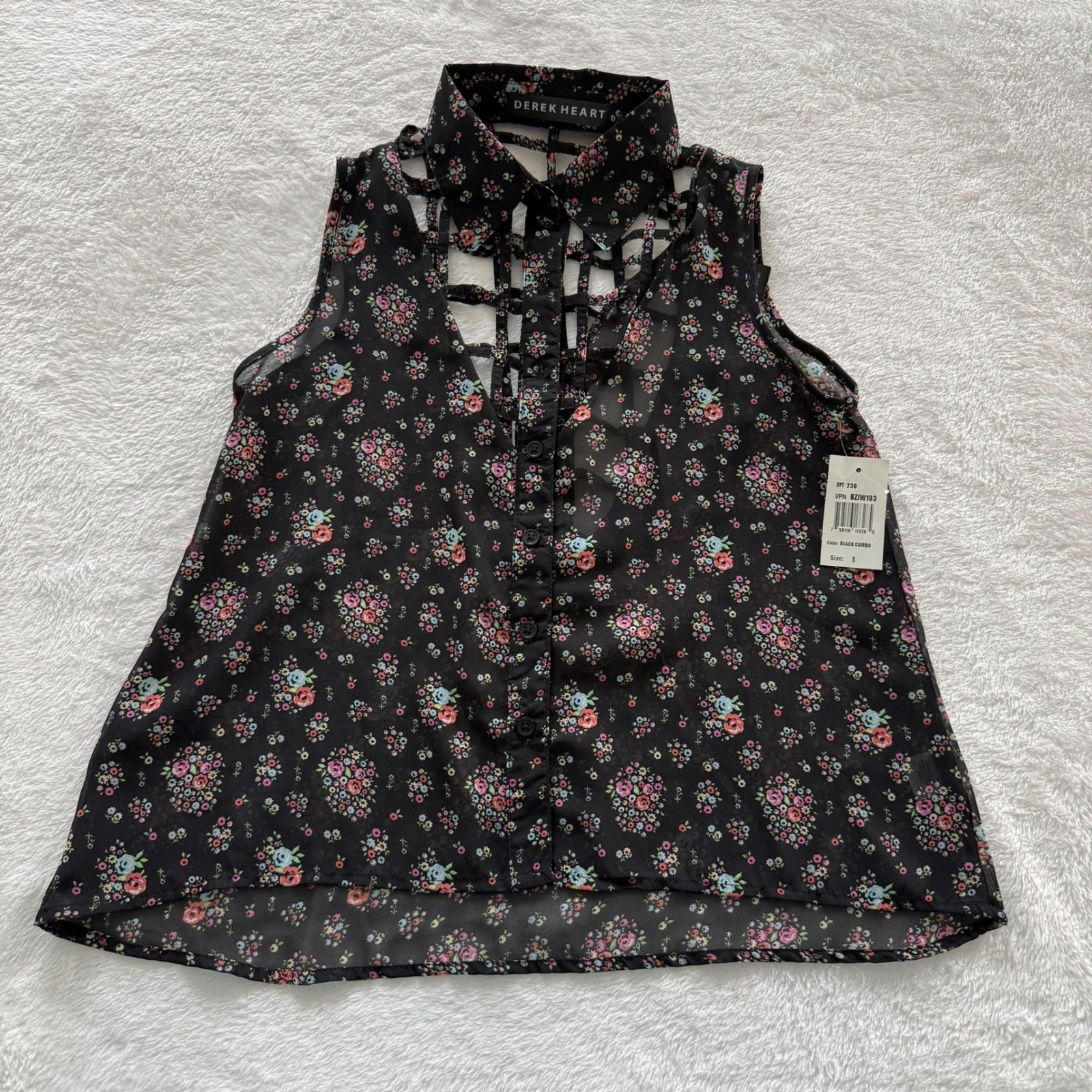 Derek Heart Black Floral Lattice Cutout Sleeveless Collared Button Shirt Size S