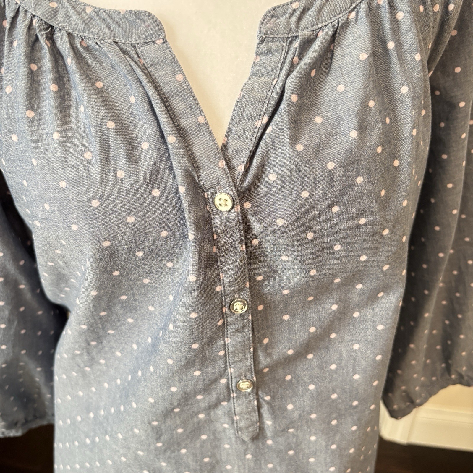Old Navy Gray Poka Dot Button Accent V-Neck 3/4 Sleeve Cotton Top Size Lg Tunic