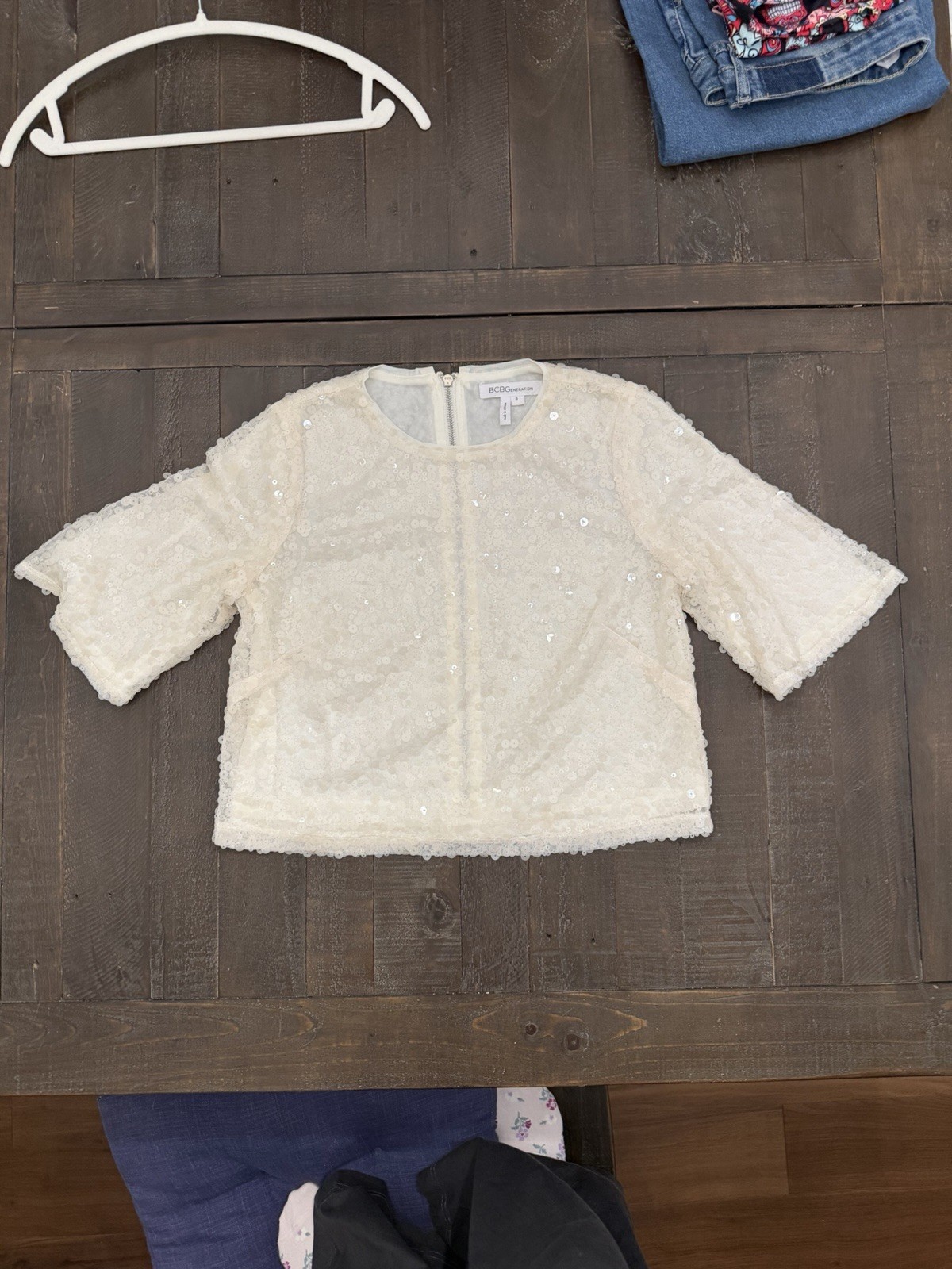 BCBGeneration Ivory Sequin Blouse Women’s S 3/4 Sleeve Party Formal