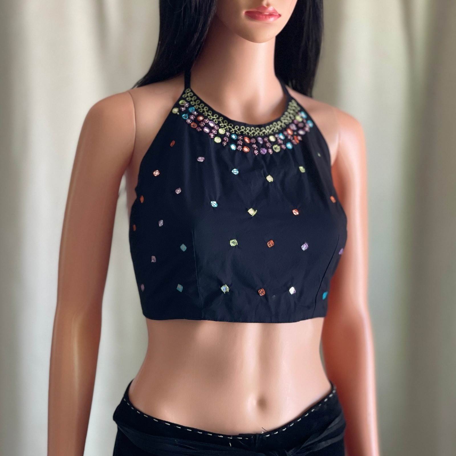 Black Cotton Halter Crop Top Mirror Beaded Embellished Boho Hippie Festival OS