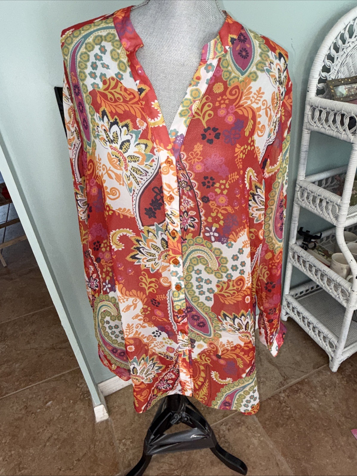 Floryday Top Womens XL Sheer Colorful button up long blouse EUC