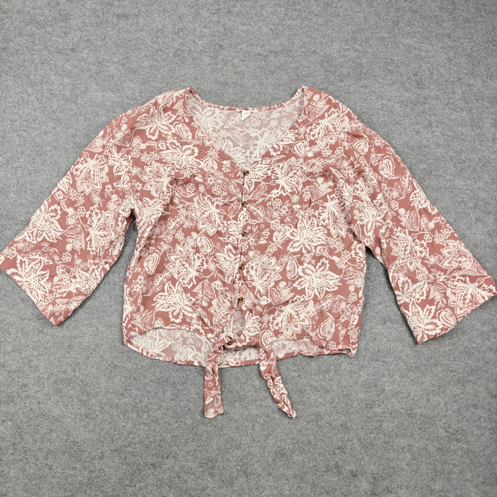 Tribal Jeans Blouse Womens Medium Pink Floral Tie Front 3/4 Bell Sleeve Top