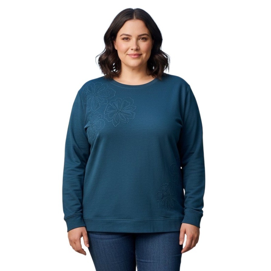 NWT J.JILL Dark Teal Knit Top FRENCH TERRY Embroidered Floral Modal/Cotton 2X