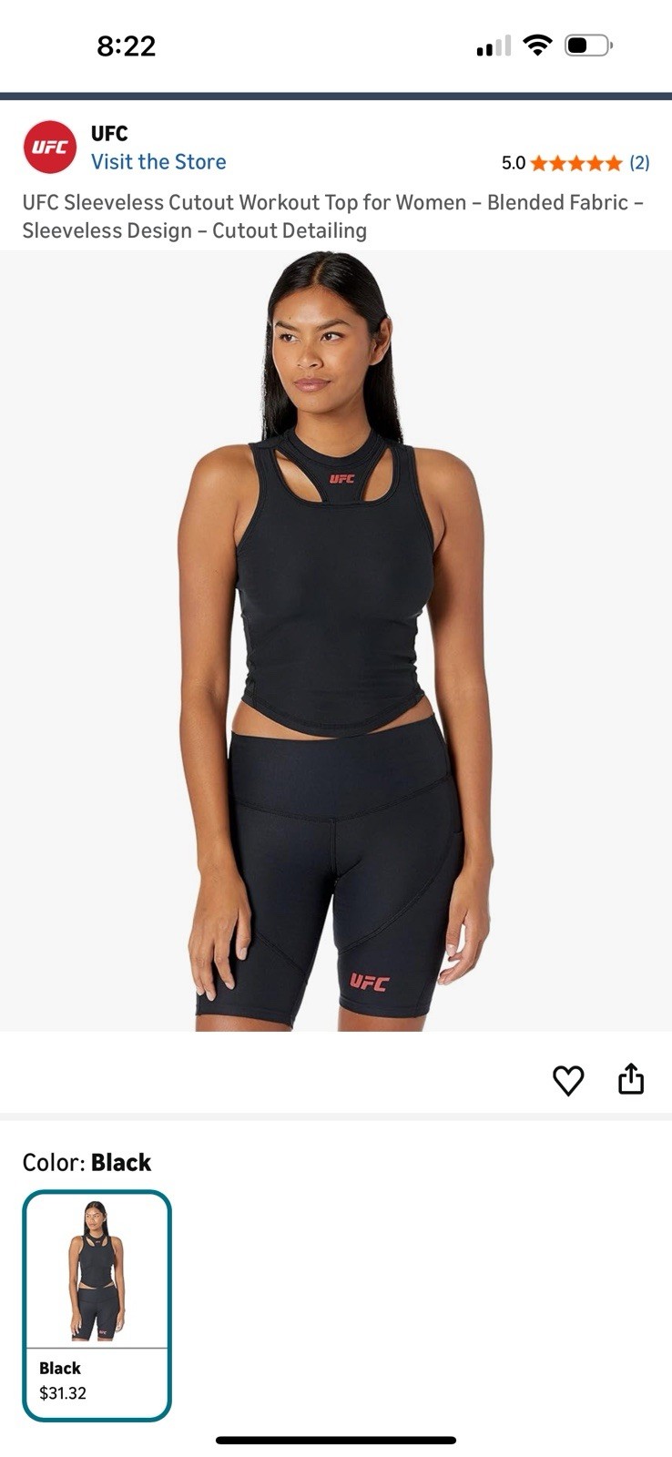 UFC Sleeveless Cutout Workout Top For Woman- Blended Fabric Size Large