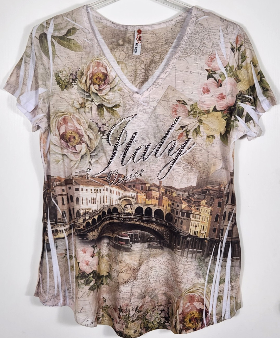 Big Bang USA Women’s Size 2XL Multicolor Italy Venice Bedazzled Shirt Top SS VN