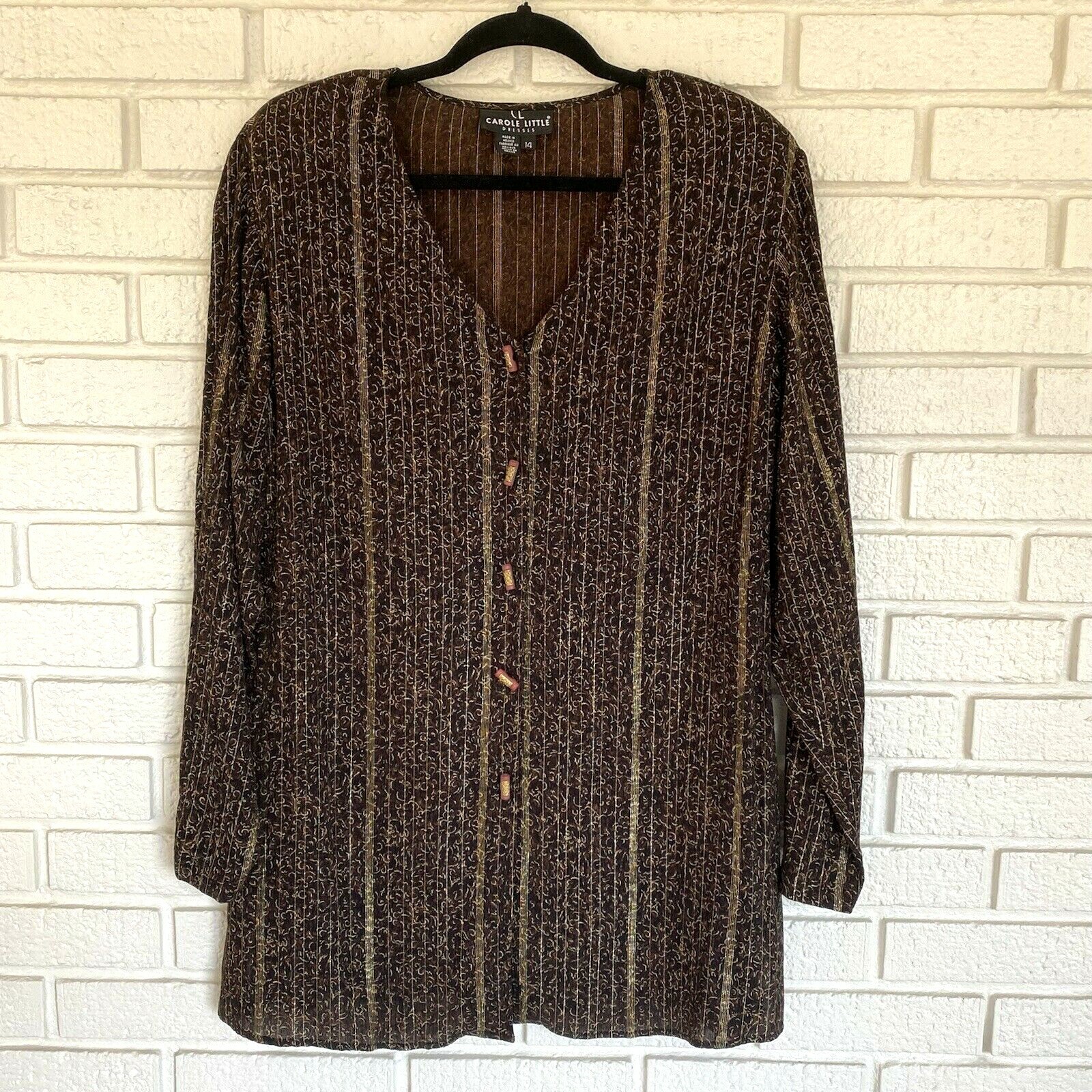 CAROLE LITTLE CL Jacket Top Tunic Size 14 Brown Black Gold Thread Rayon Vtg