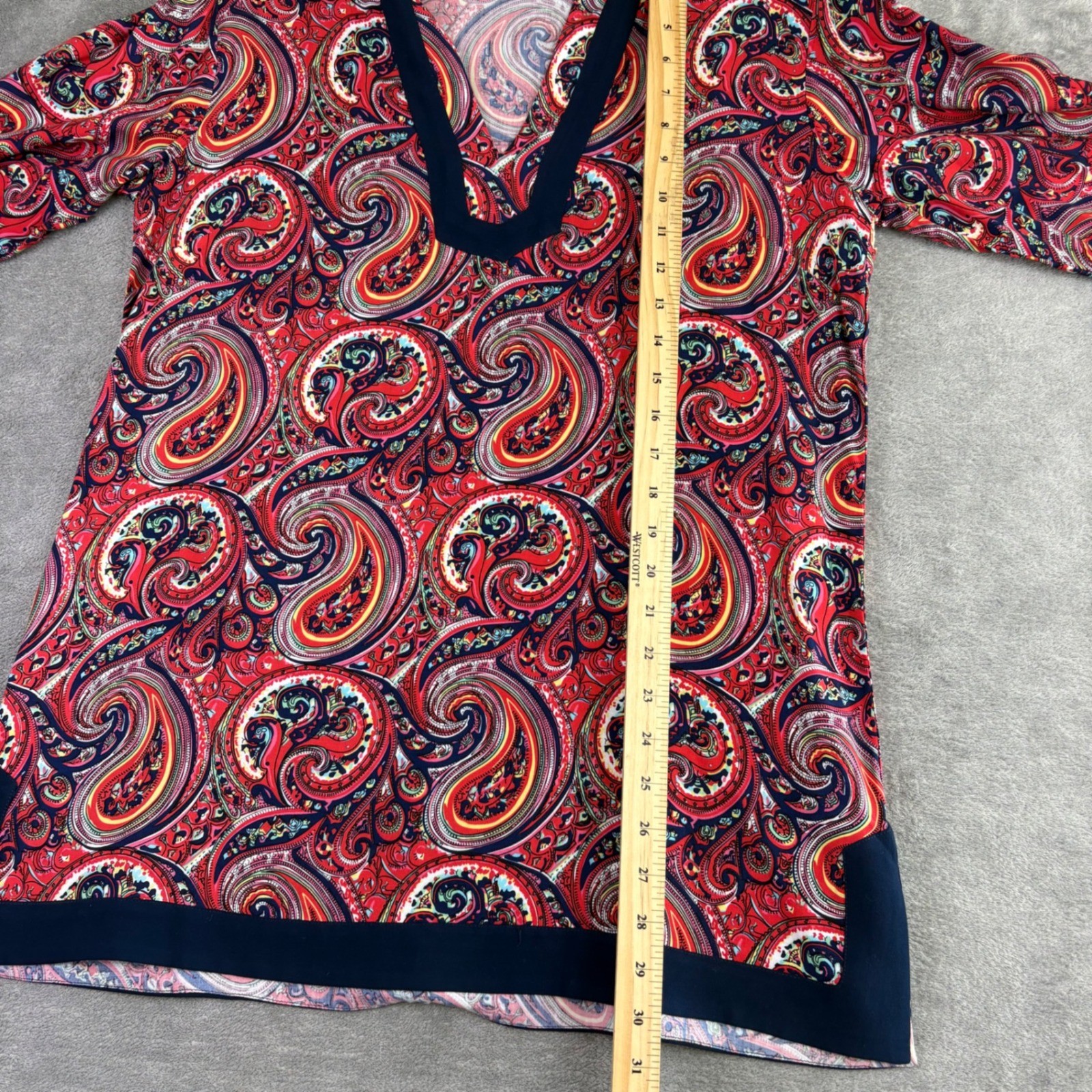 Tina Stephens Paisley Rayon Tunic Top M Red Blue 3/4 Sleeve Boho Festival Fun