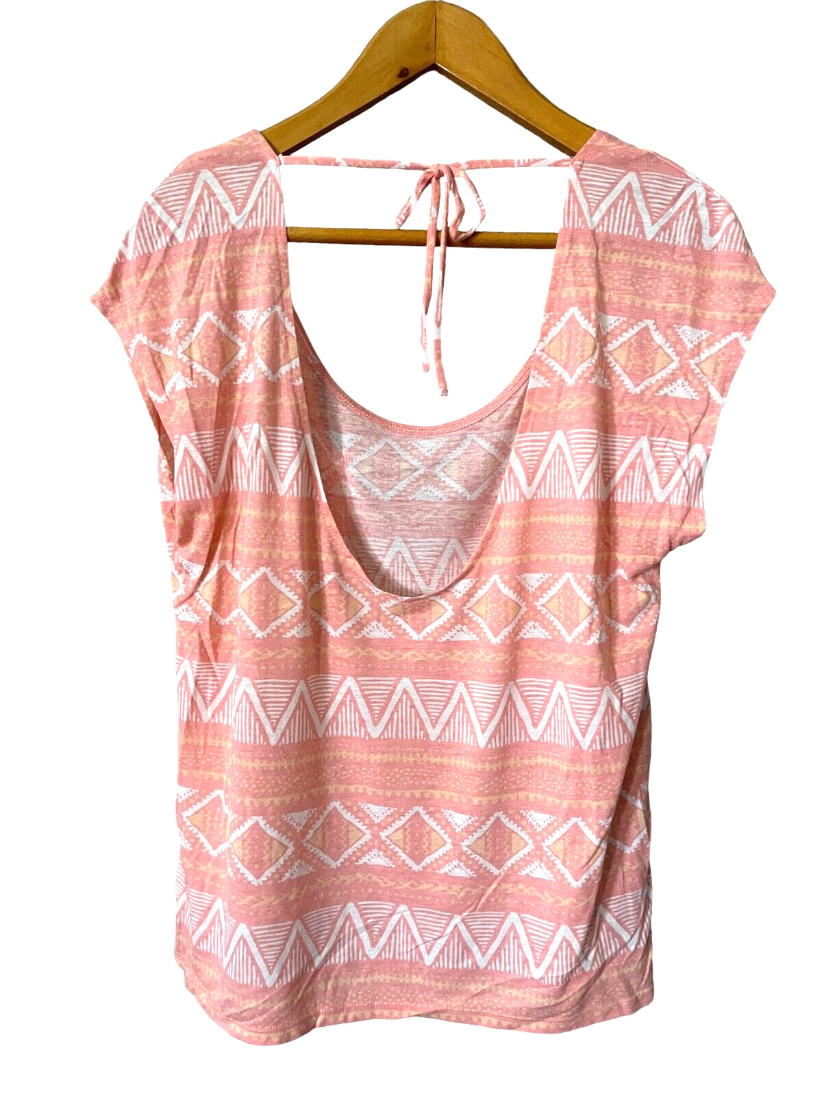 Lilu Pocket T Shirt Womens L Low Tie Back Pink Peach White