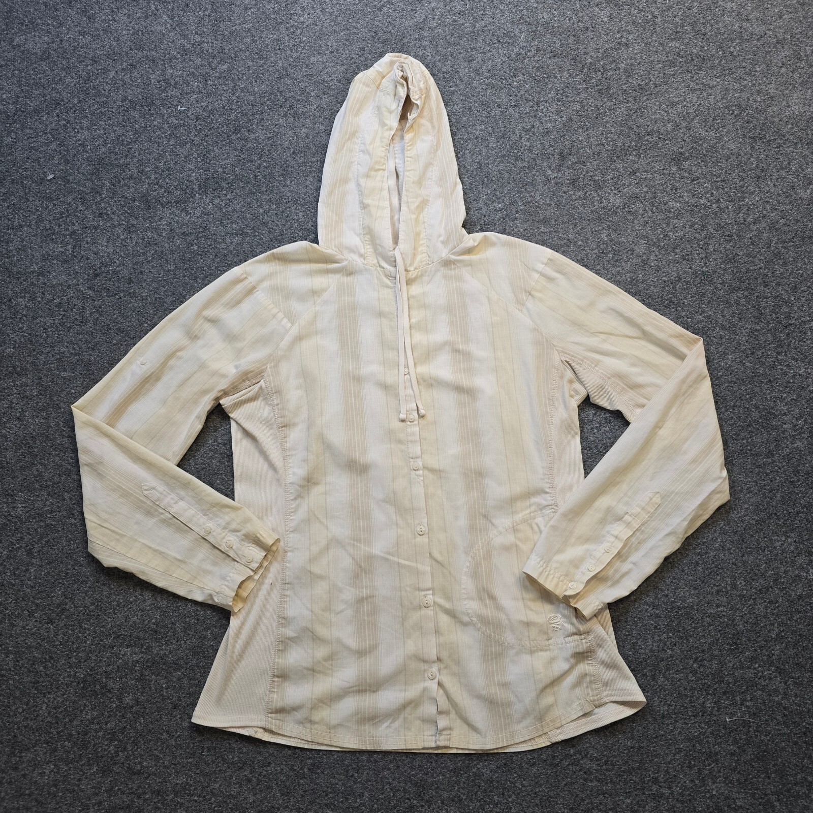 Mountain Hardwear Top Womens Size 12 Beige Striped Button Hooded Pockets Casual