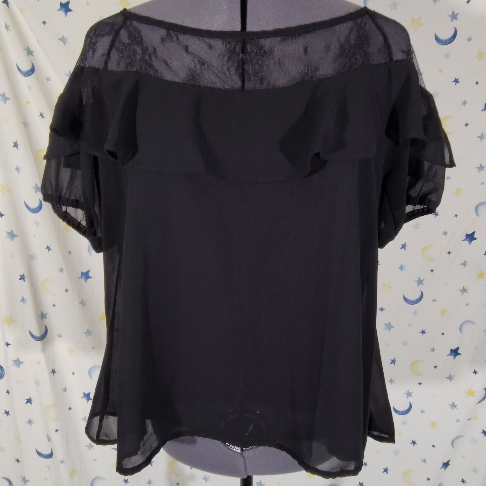 Black Chiffon & Lace Scoop Neck Ruffle Short Sleeve Blouse