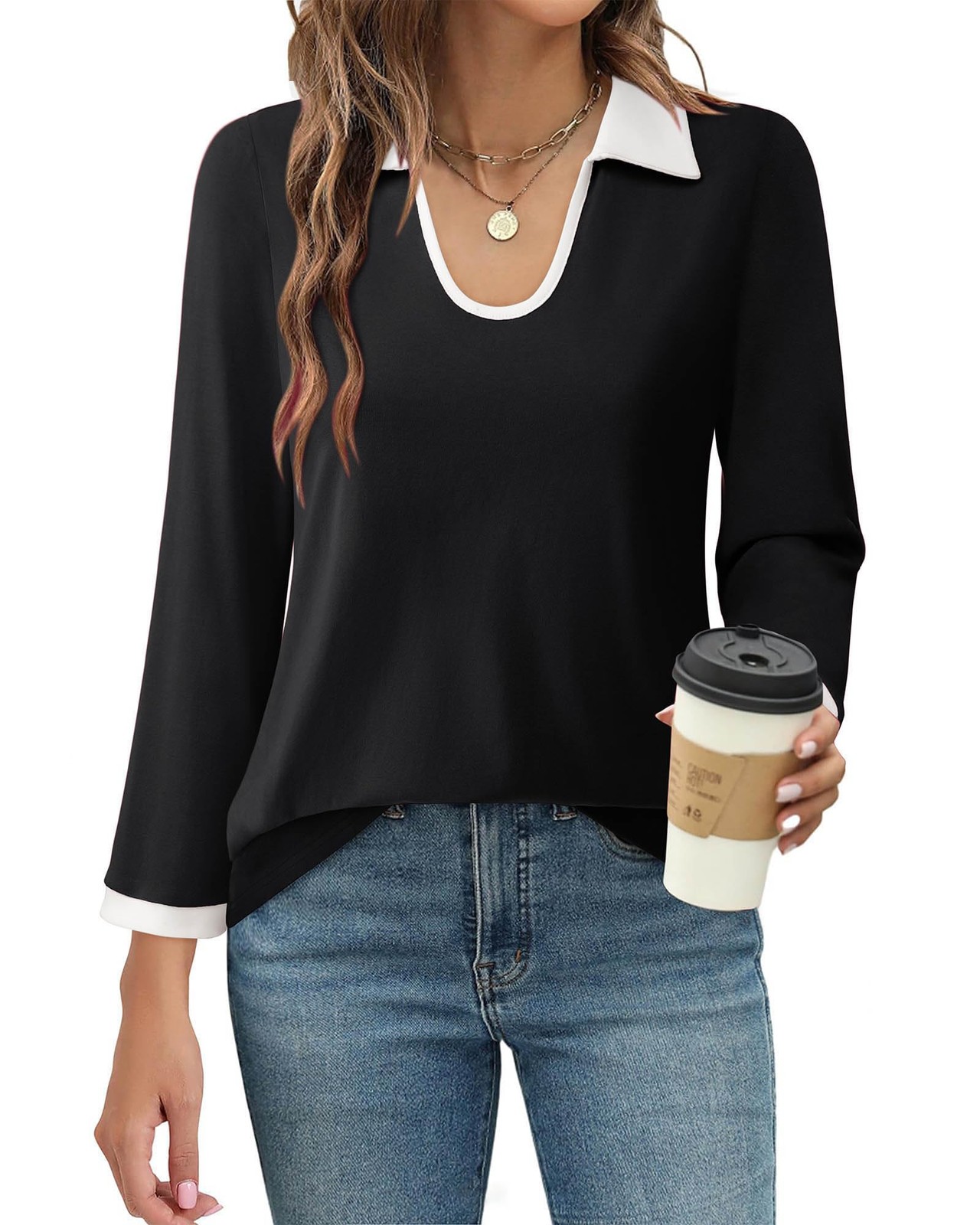 Vivilli Women’s Plus Size Business Attire Ribbed knit Formal Polo Top Black L