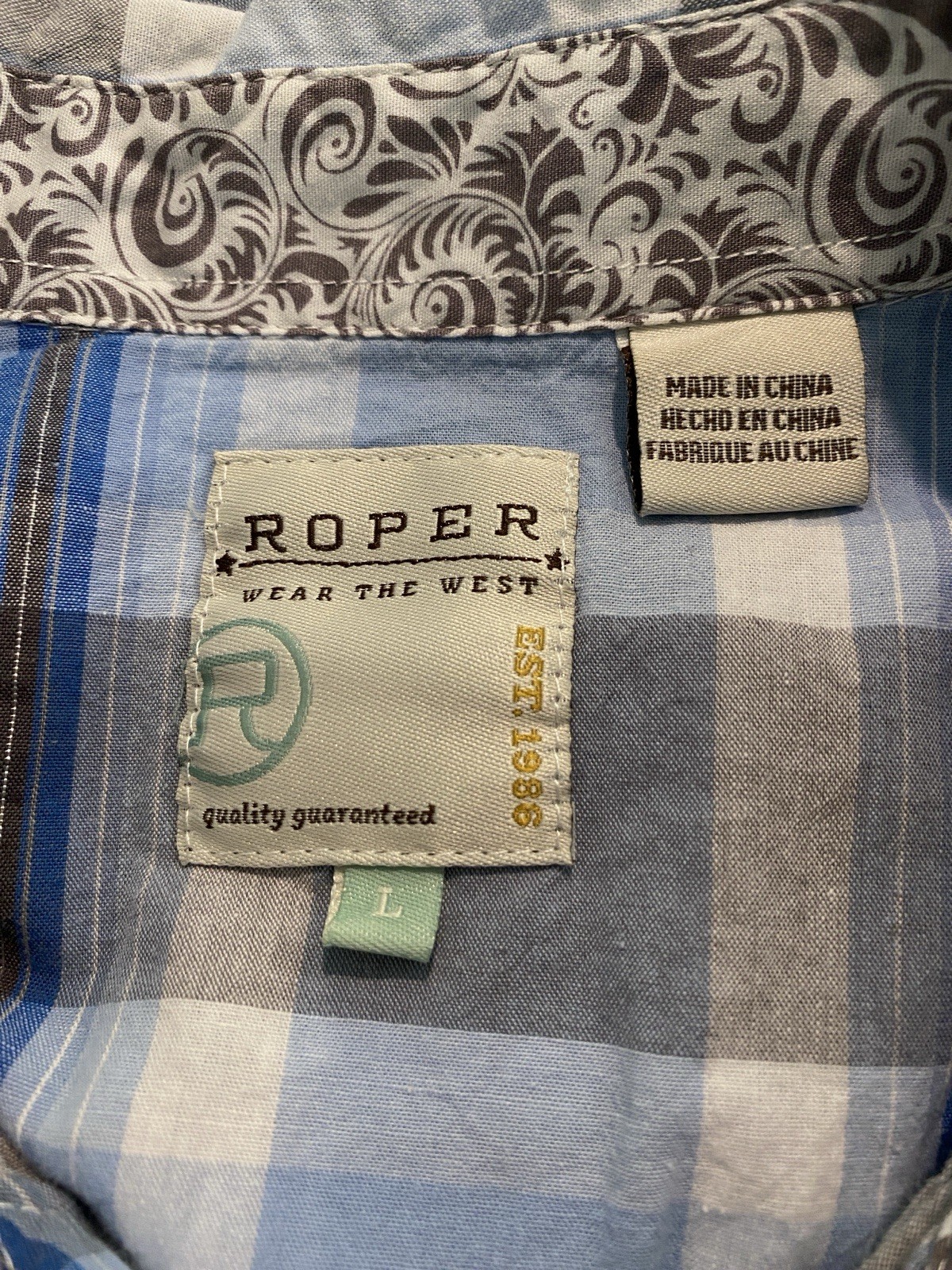Roper Western Pearl Snap Shirt Large L Blue Plaid Women’s Long Sleeve