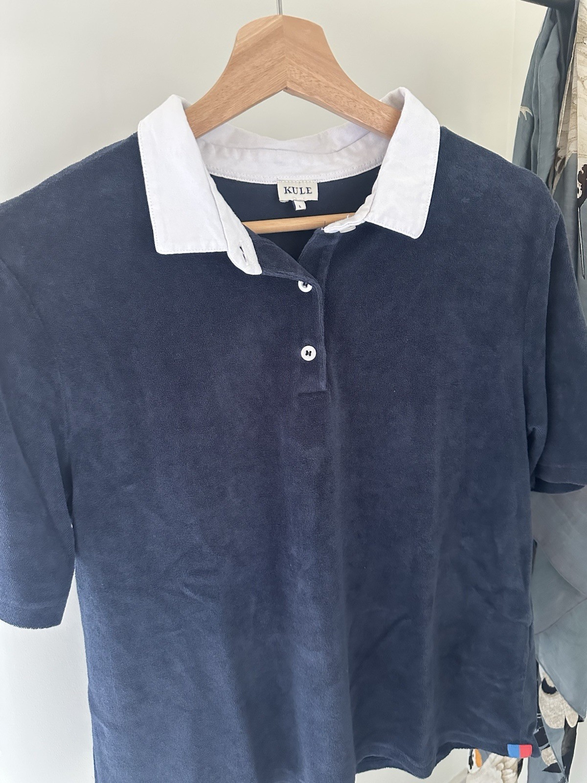 Kule Women’s Size Large Navy Blue Terry Polo Shirt Short Sleeve