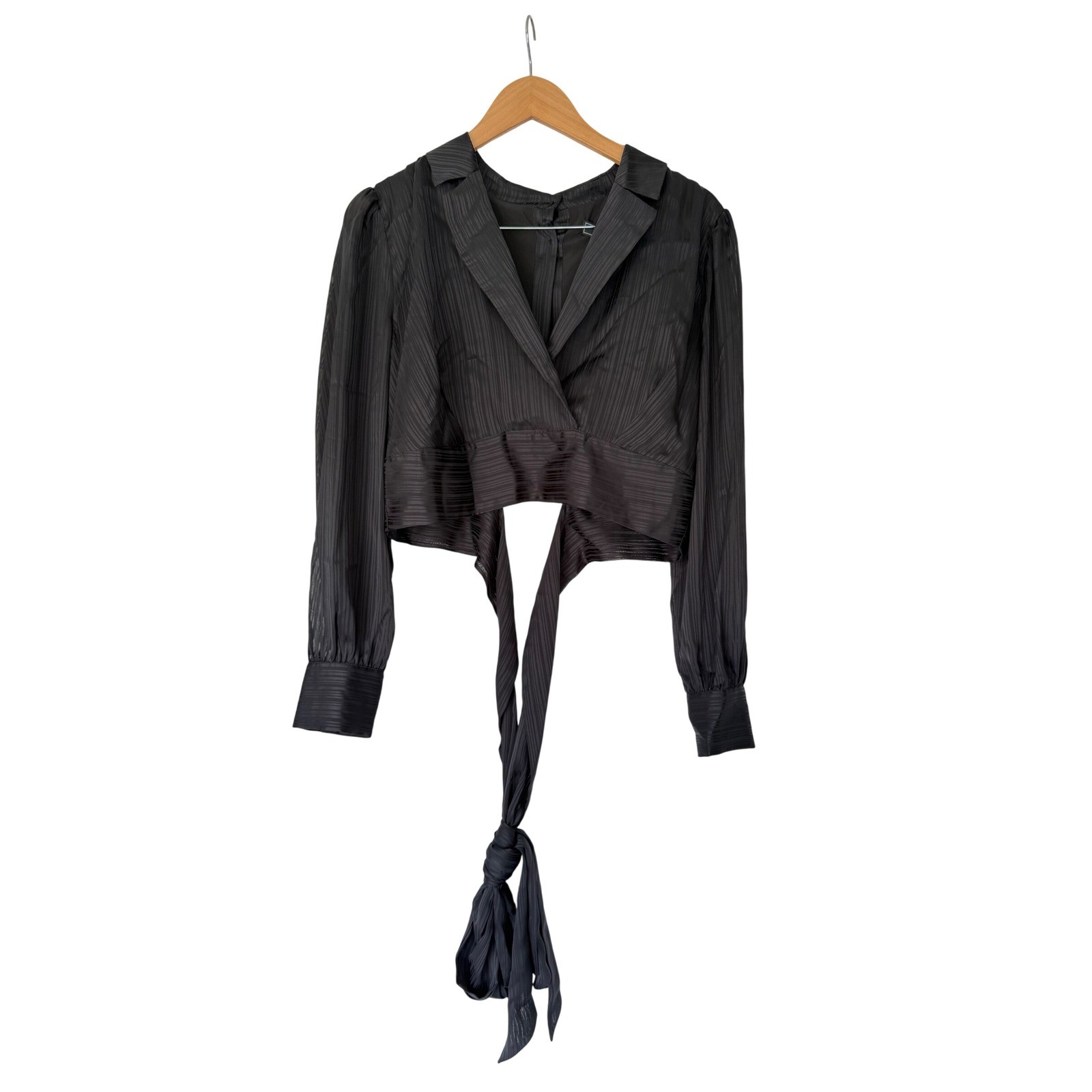 BCBGMAXAZRIA Black Shadow Stripe Cropped Wrap Tie Back Blouse Top NWT Size L