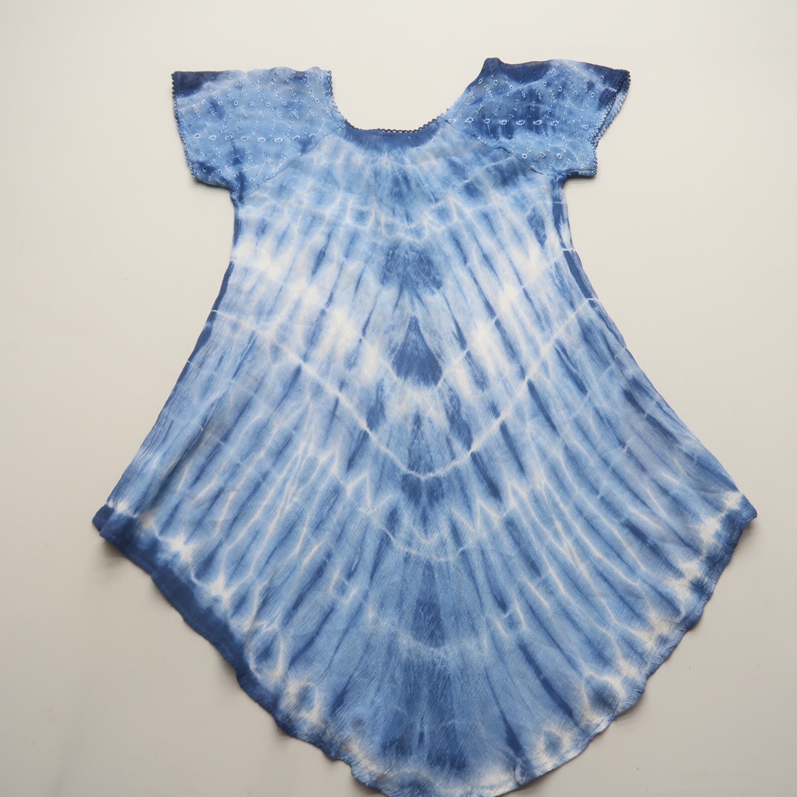 Tie Dye Boho Blouse Small Asymmetrical Longline Short Sleeve Fairy Embroidered