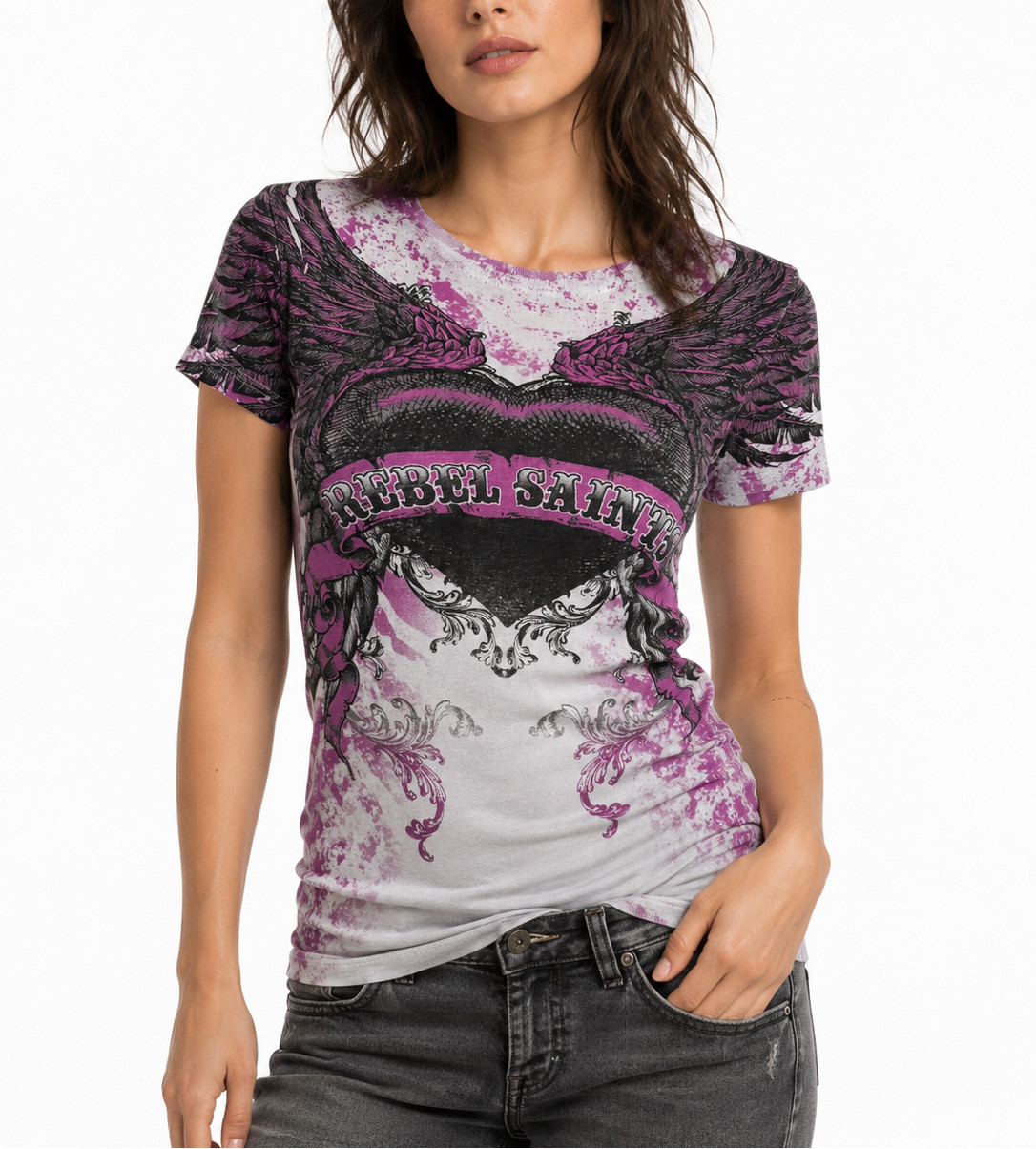 Rebel Saints by Affliction Women’s T-shirt Famous Beauty