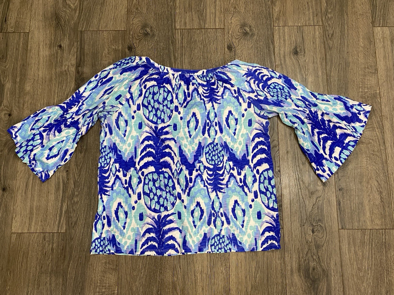 LILLY PULITZER Tropi Call Me Blue Tunic Top Medium Tassels Flared Bell Sleeves