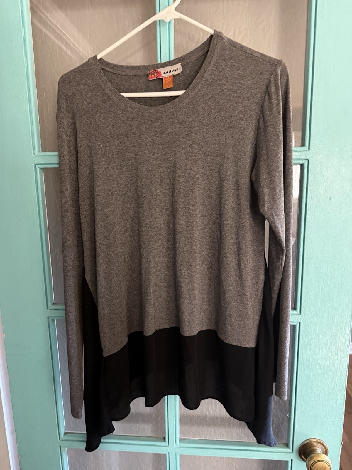 Harari Gray Black Sheer Silk Accent Jersey Asymmetric Shark Bite Hem Shirt Top L